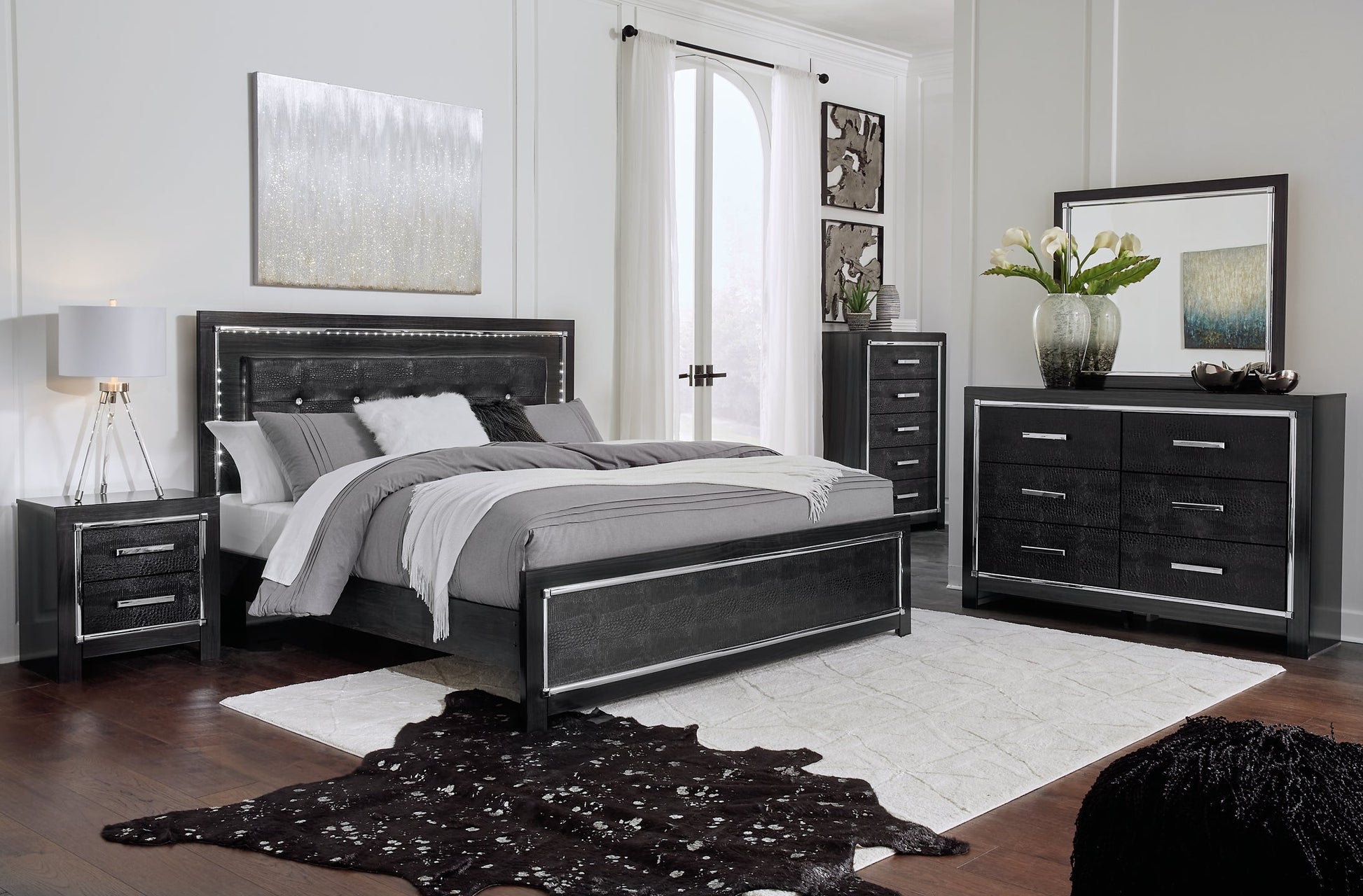 Kaydell King Upholstered Panel Bed with Mirrored Dresser and 2 Nightstands Rent Wise Rent To Own Jacksonville, Florida