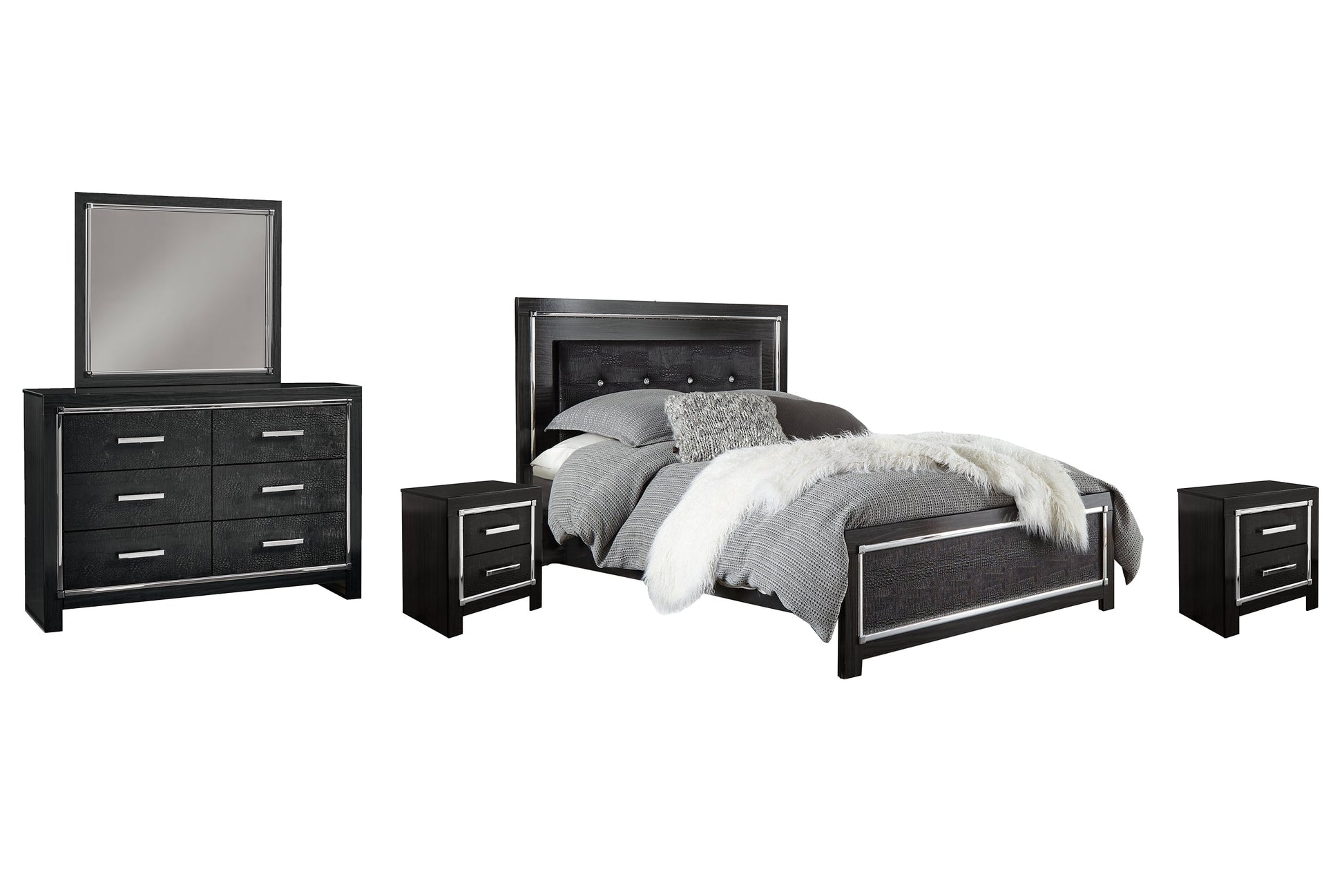 Kaydell King Upholstered Panel Bed with Mirrored Dresser and 2 Nightstands Rent Wise Rent To Own Jacksonville, Florida