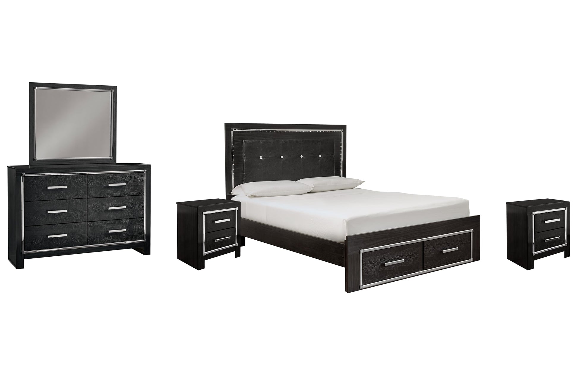 Kaydell King Upholstered Panel Bed with Mirrored Dresser and 2 Nightstands Rent Wise Rent To Own Jacksonville, Florida