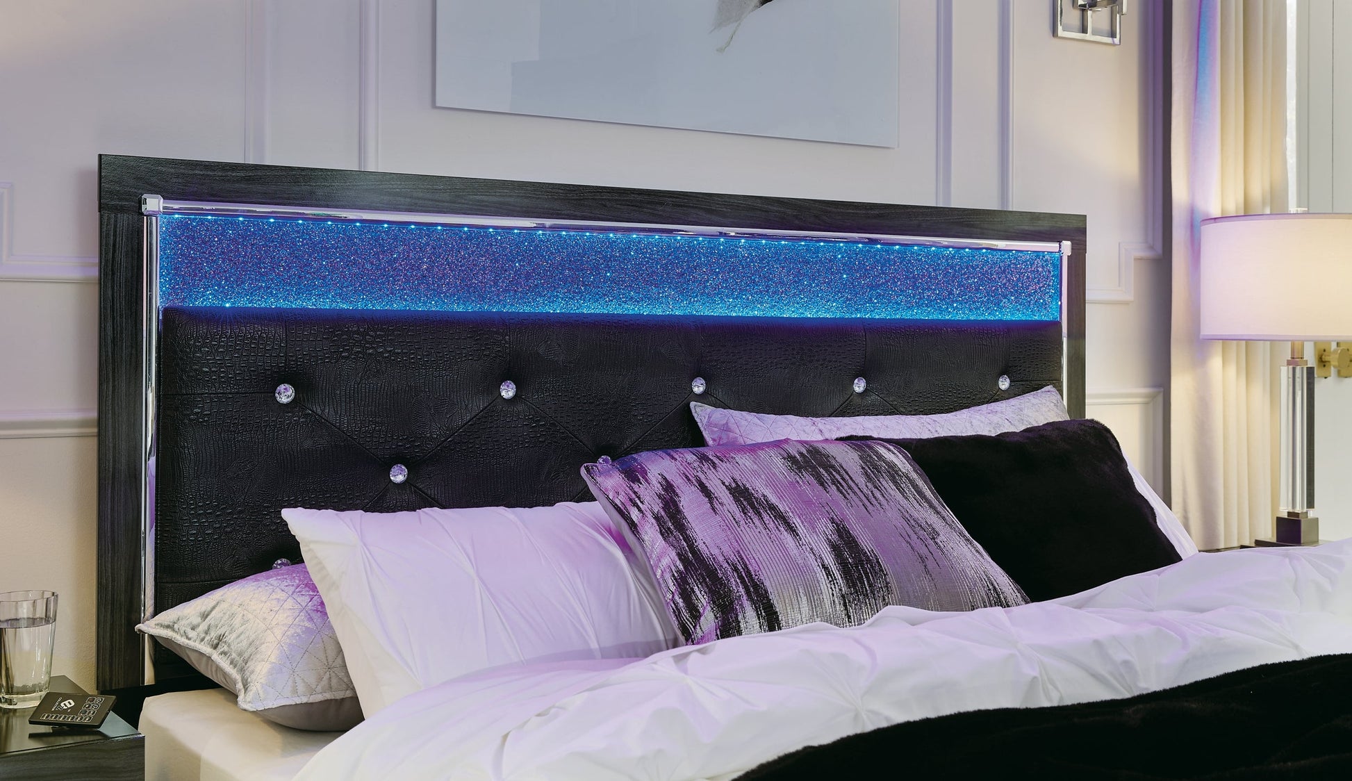 Kaydell King Upholstered Panel Headboard with Mirrored Dresser and 2 Nightstands Rent Wise Rent To Own Jacksonville, Florida