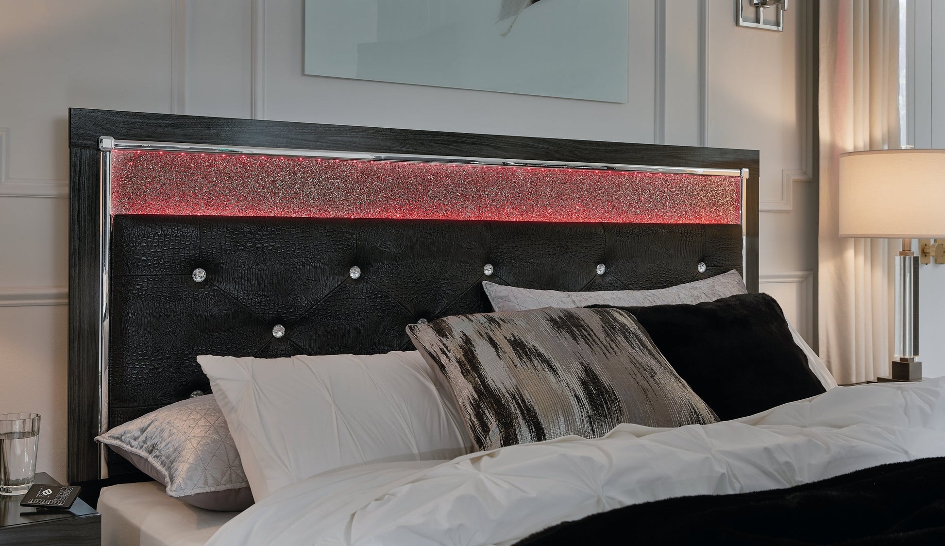 Kaydell King Upholstered Panel Headboard with Mirrored Dresser and 2 Nightstands Rent Wise Rent To Own Jacksonville, Florida