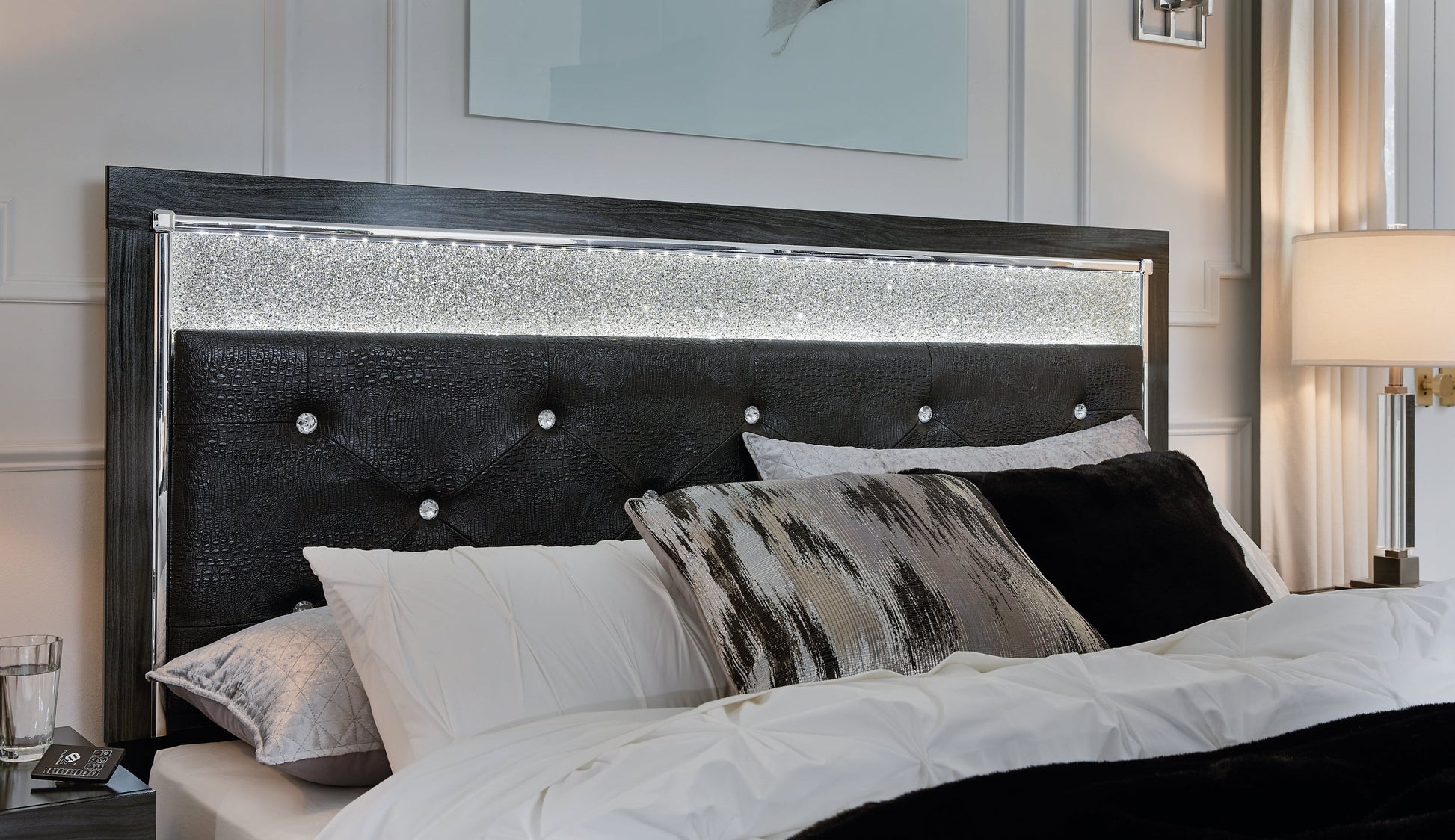Kaydell King Upholstered Panel Headboard with Mirrored Dresser and 2 Nightstands Rent Wise Rent To Own Jacksonville, Florida