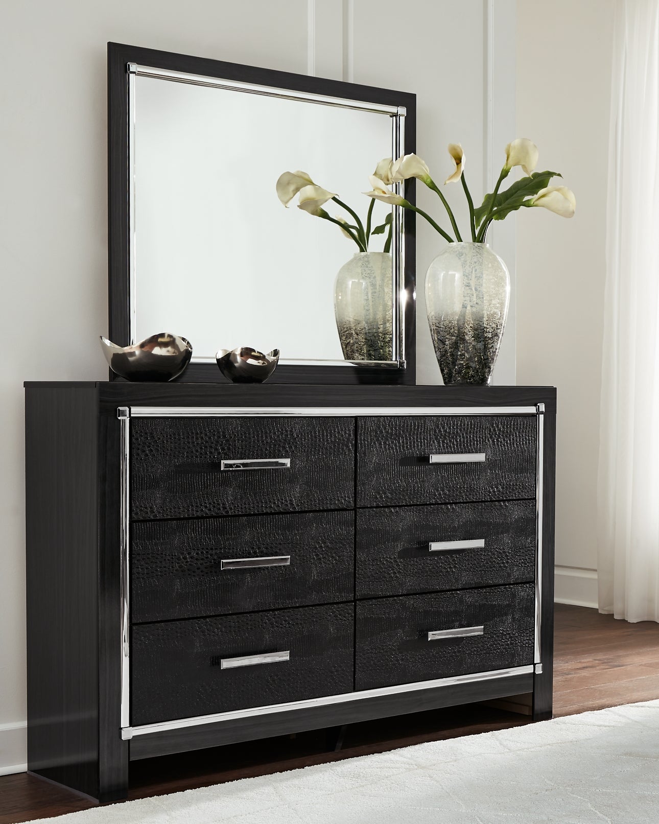 Kaydell King Upholstered Panel Headboard with Mirrored Dresser and 2 Nightstands Rent Wise Rent To Own Jacksonville, Florida