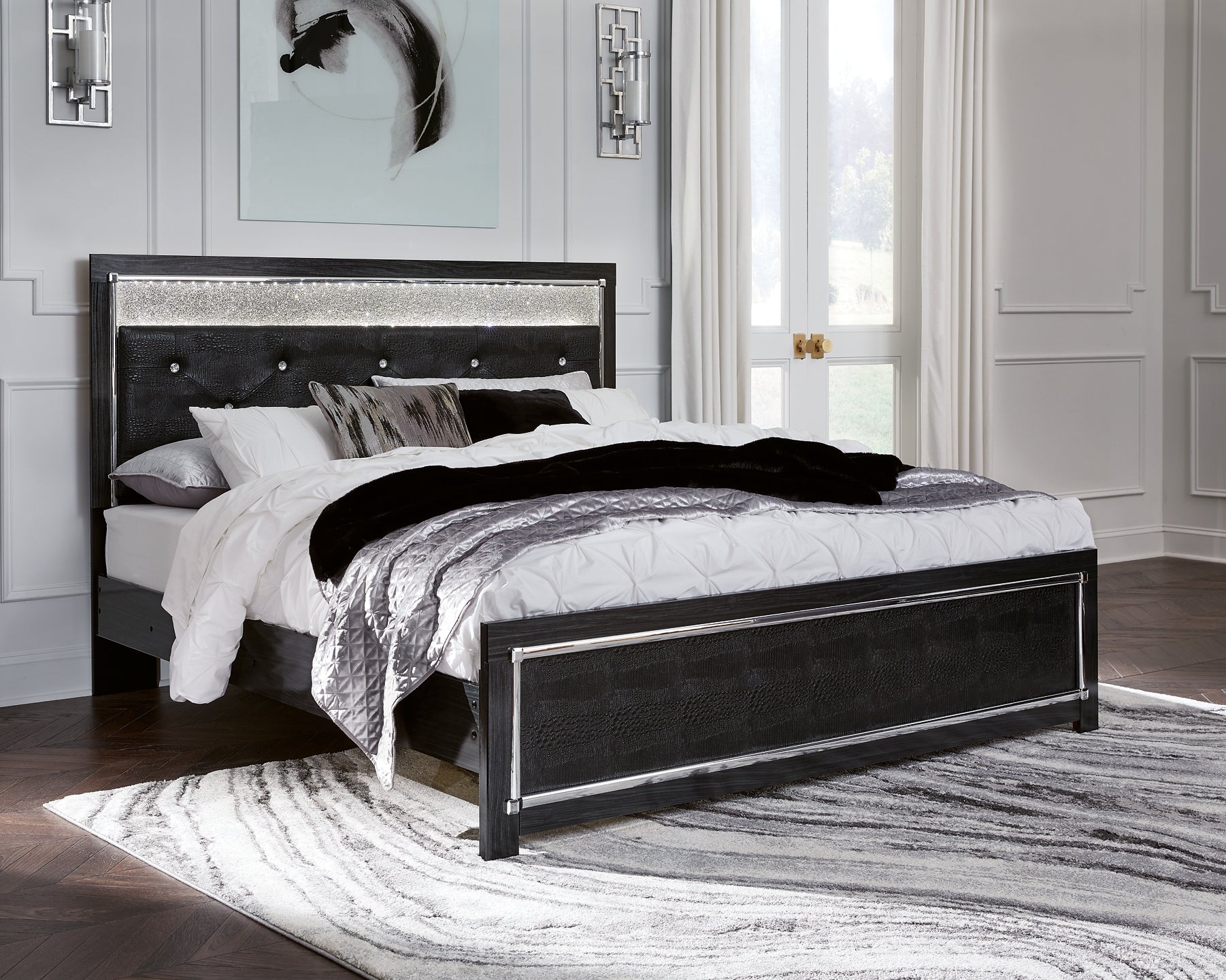 Kaydell King Upholstered Panel Platform Bed with Mirrored Dresser and Chest Rent Wise Rent To Own Jacksonville, Florida