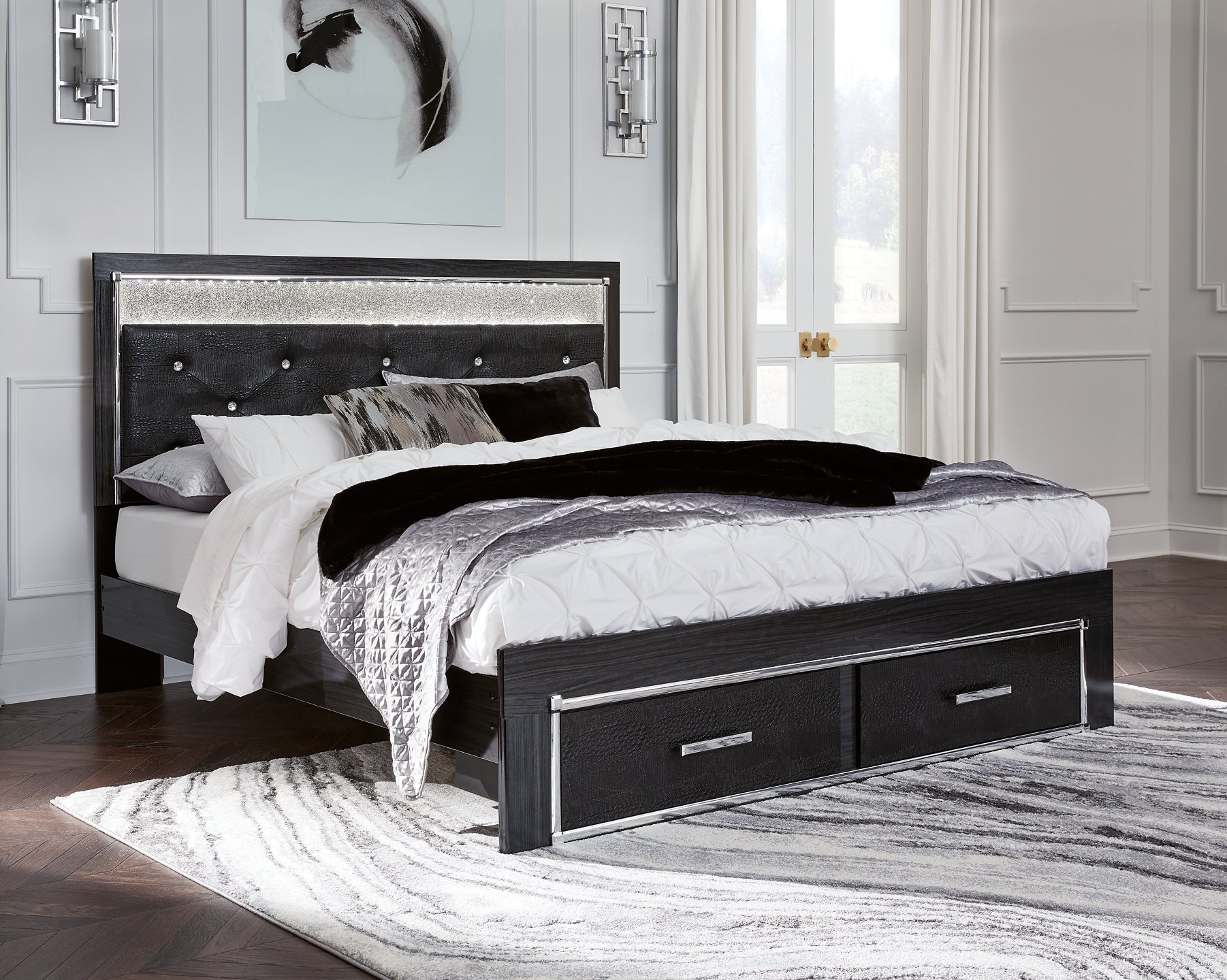 Kaydell King Upholstered Panel Storage Platform Bed with Mirrored Dresser and 2 Nightstands Rent Wise Rent To Own Jacksonville, Florida