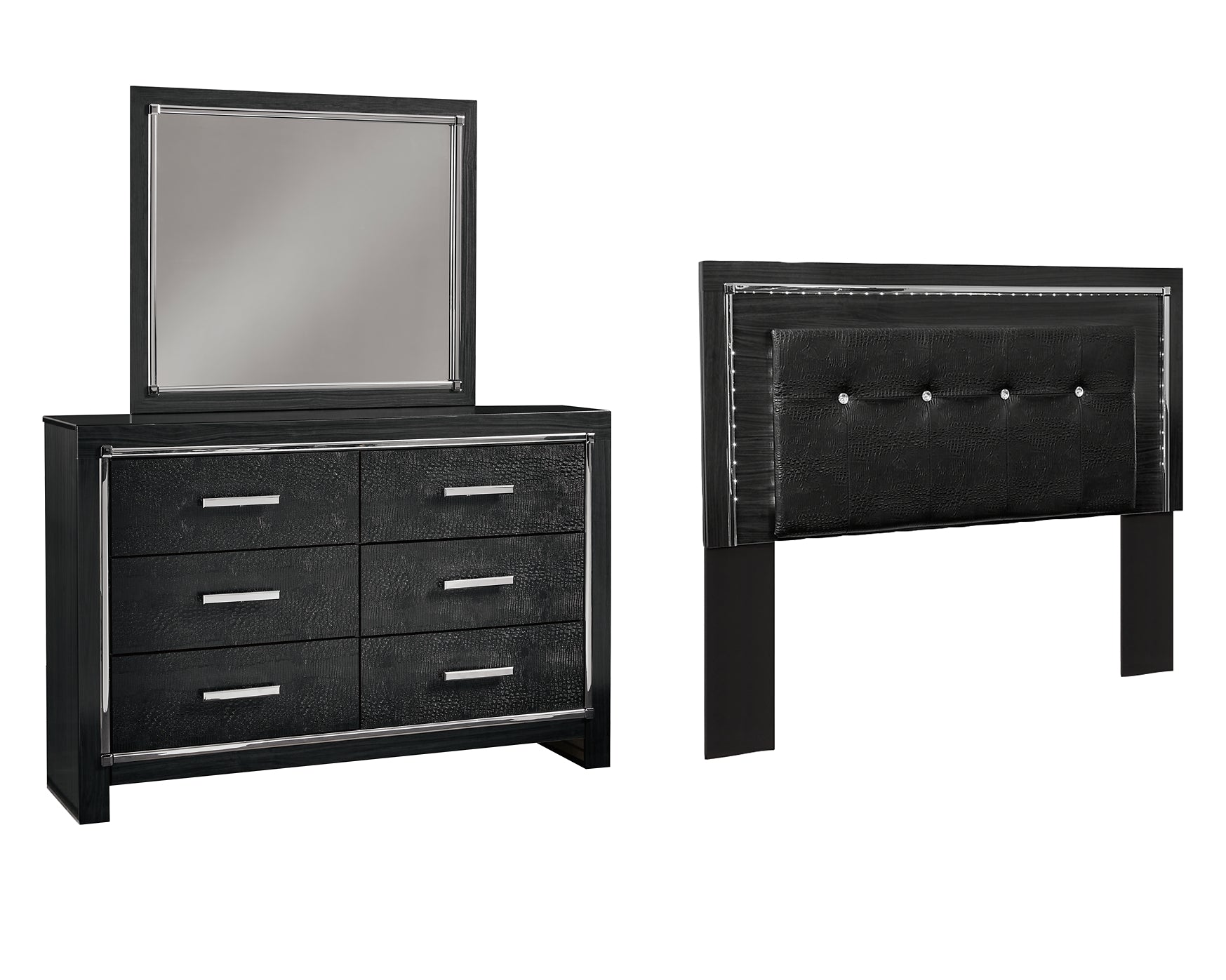 Kaydell Queen/Full Upholstered Panel Headboard with Mirrored Dresser Rent Wise Rent To Own Jacksonville, Florida