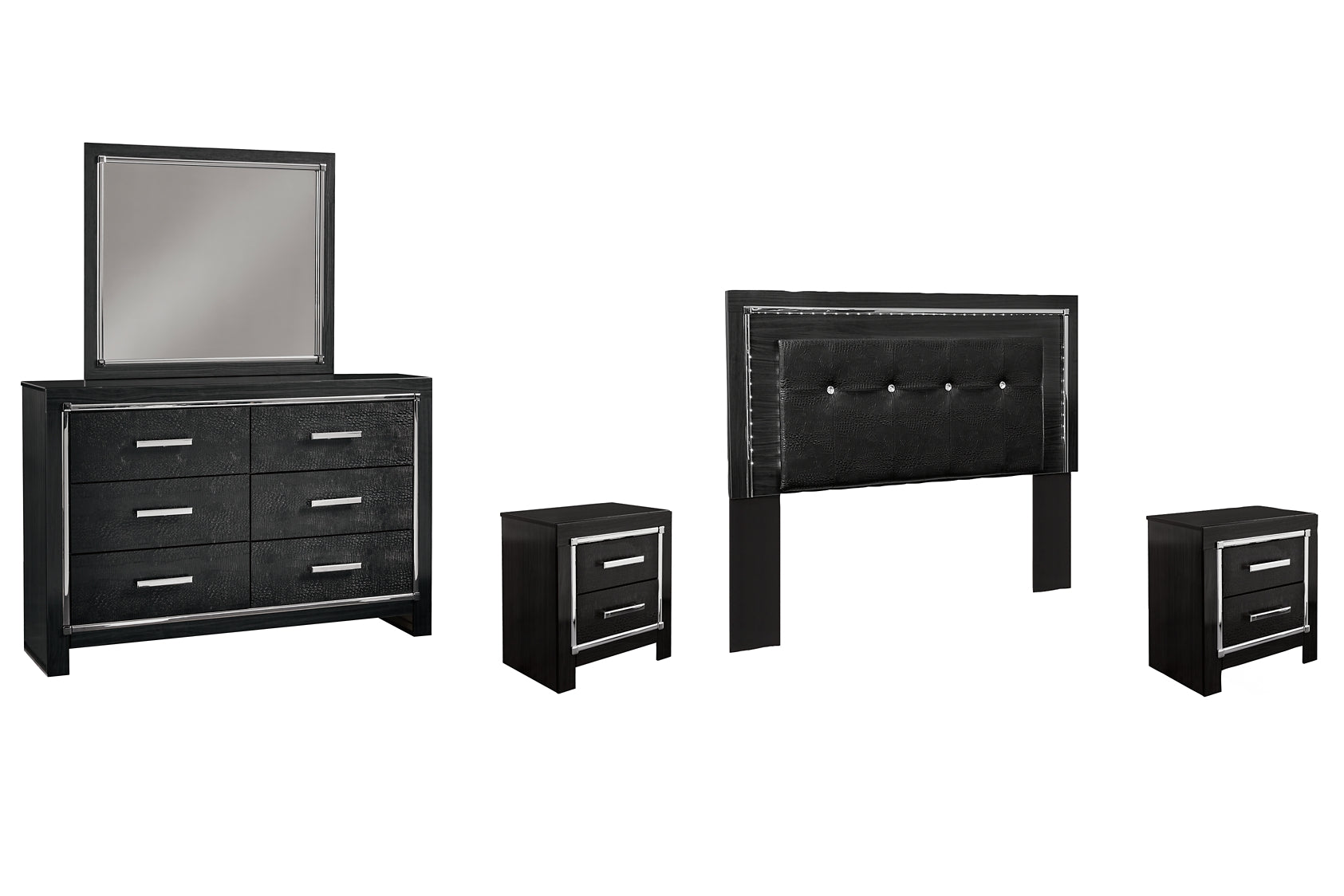 Kaydell Queen/Full Upholstered Panel Headboard with Mirrored Dresser and 2 Nightstands Rent Wise Rent To Own Jacksonville, Florida