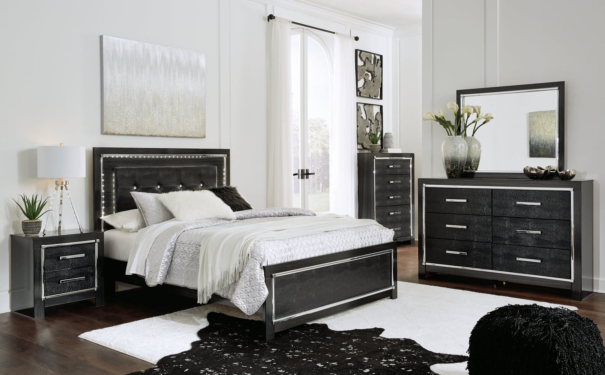 Kaydell Queen/Full Upholstered Panel Headboard with Mirrored Dresser and 2 Nightstands Rent Wise Rent To Own Jacksonville, Florida