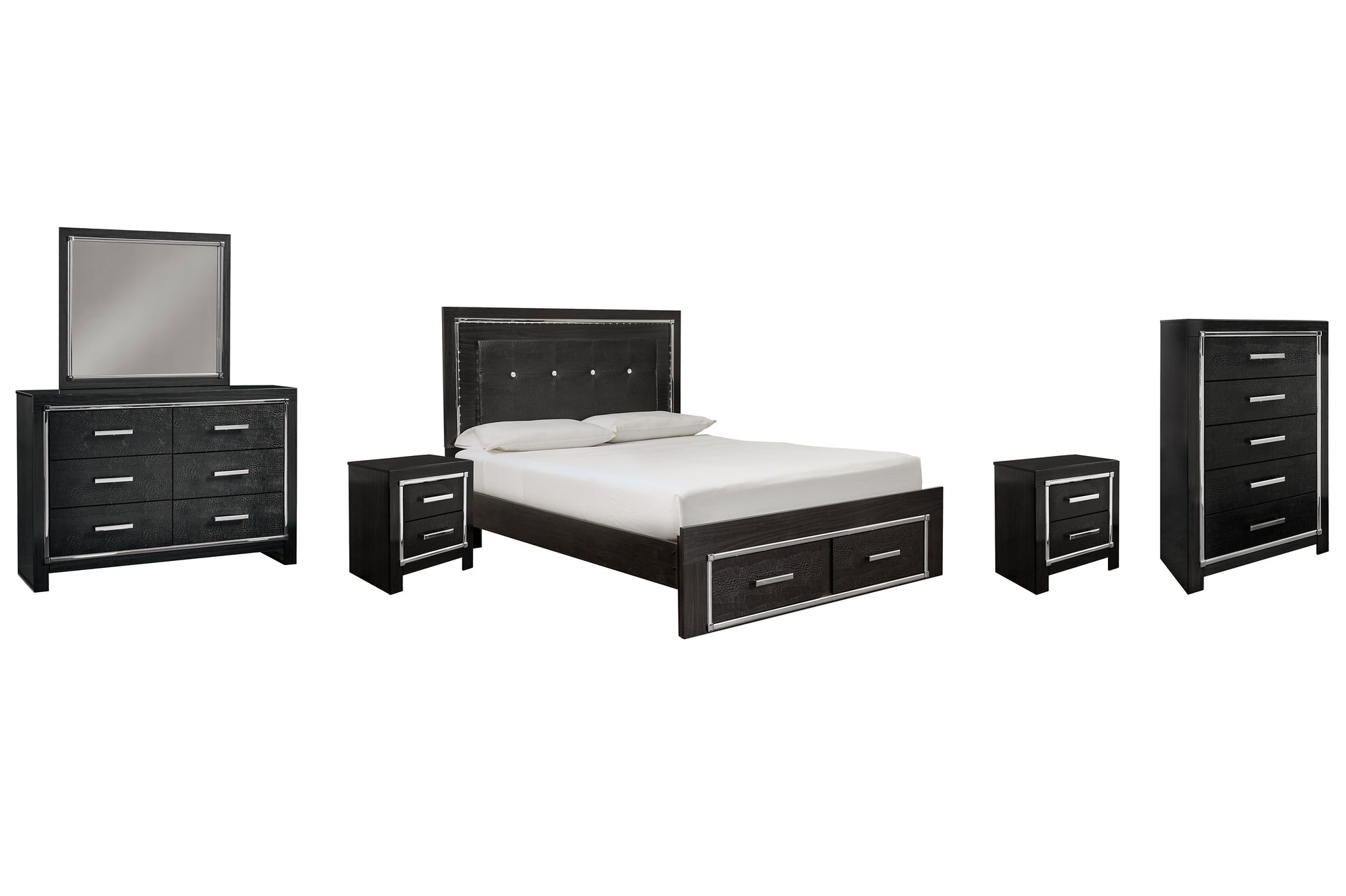Kaydell Queen Panel Bed with Storage with Mirrored Dresser, Chest and 2 Nightstands Rent Wise Rent To Own Jacksonville, Florida