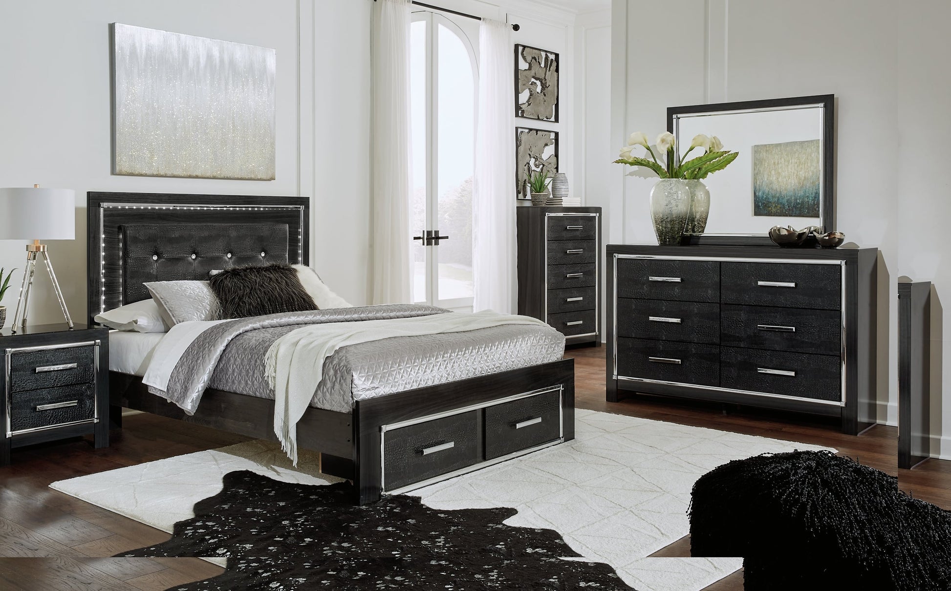 Kaydell Queen Panel Bed with Storage with Mirrored Dresser, Chest and Nightstand Rent Wise Rent To Own Jacksonville, Florida