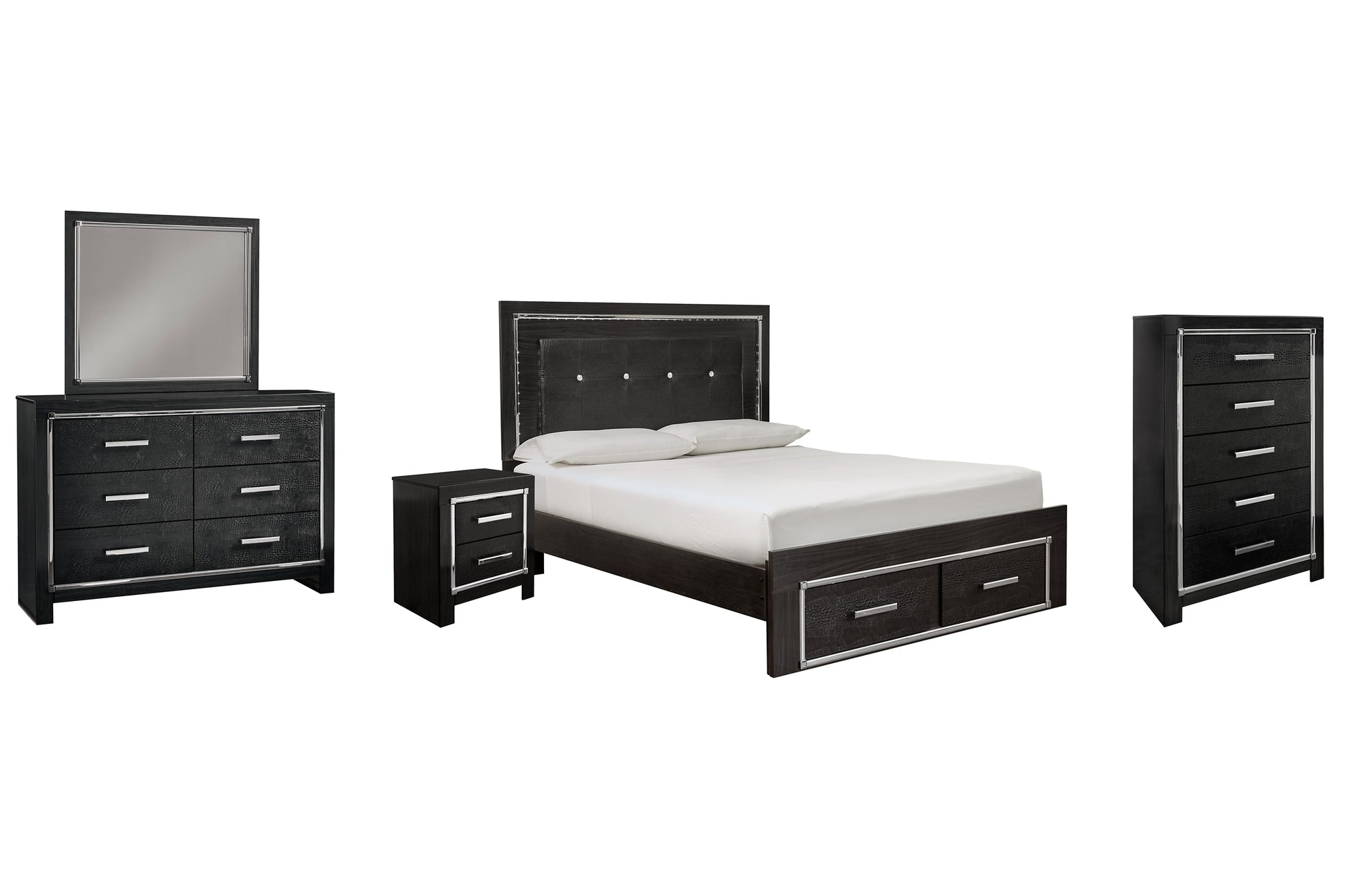Kaydell Queen Panel Bed with Storage with Mirrored Dresser, Chest and Nightstand Rent Wise Rent To Own Jacksonville, Florida