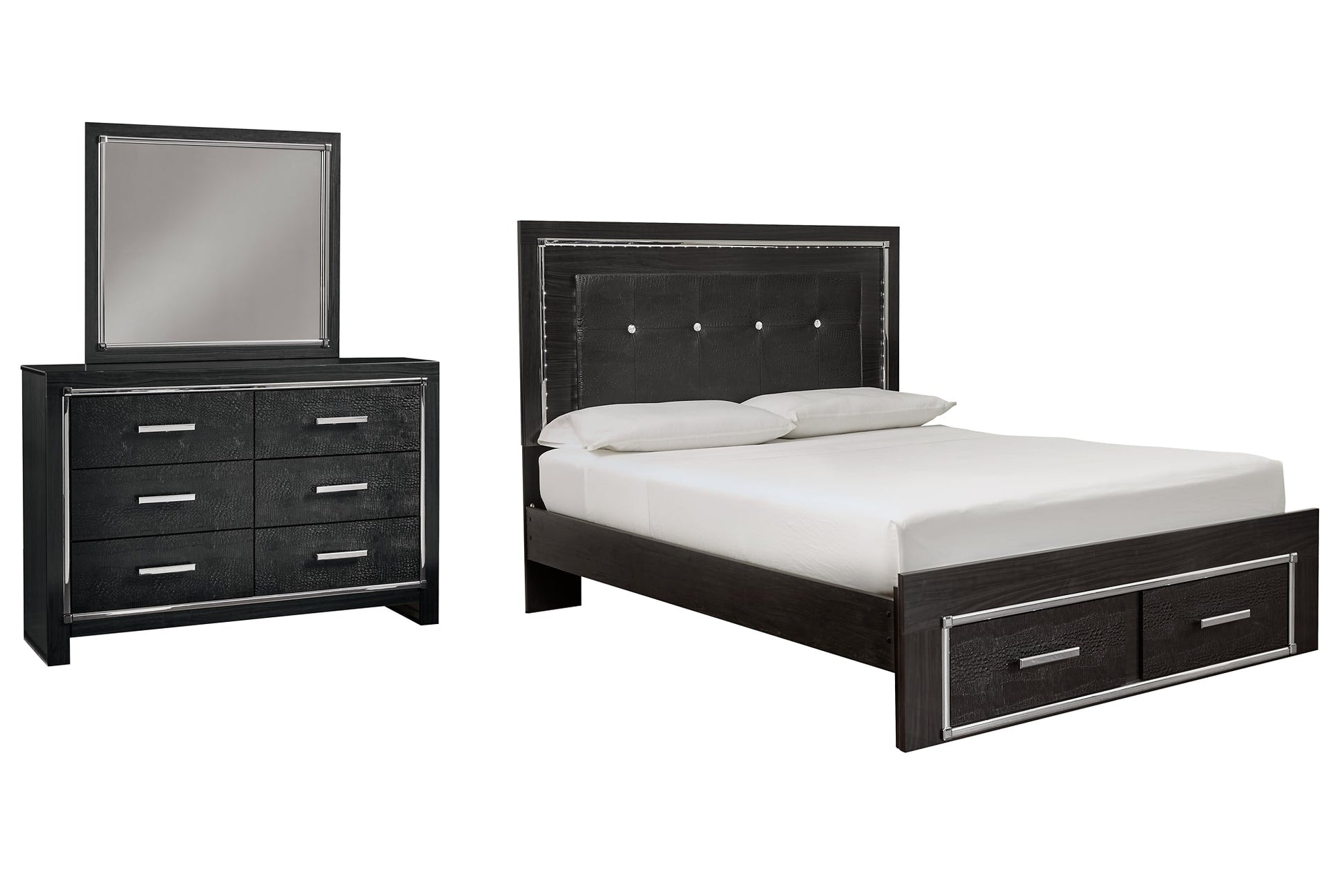 Kaydell Queen Panel Bed with Storage with Mirrored Dresser Rent Wise Rent To Own Jacksonville, Florida