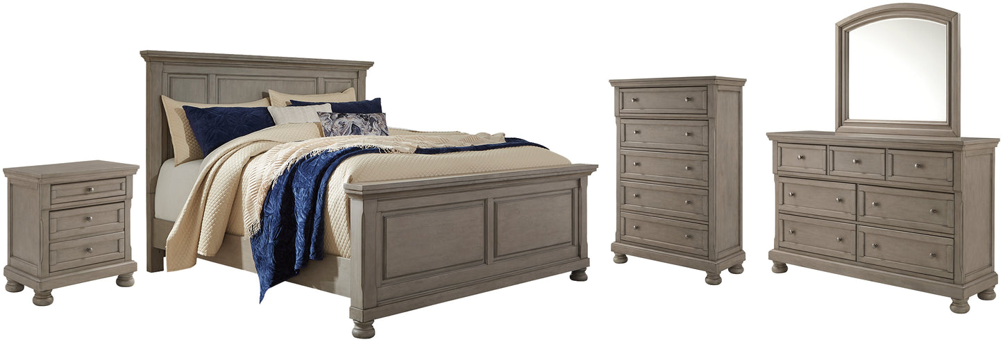 Lettner California King Panel Bed with Mirrored Dresser, Chest and Nightstand Rent Wise Rent To Own Jacksonville, Florida