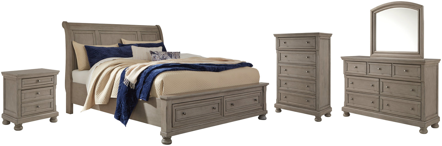 Lettner California King Sleigh Bed with Mirrored Dresser, Chest and Nightstand Rent Wise Rent To Own Jacksonville, Florida