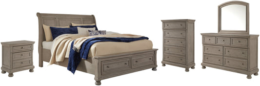 Lettner California King Sleigh Bed with Mirrored Dresser, Chest and Nightstand Rent Wise Rent To Own Jacksonville, Florida