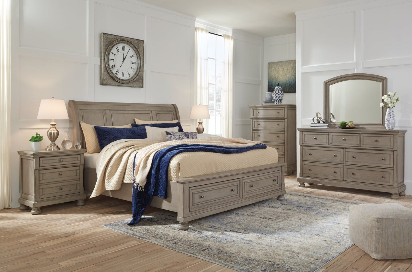Lettner California King Sleigh Bed with Mirrored Dresser and Chest Rent Wise Rent To Own Jacksonville, Florida