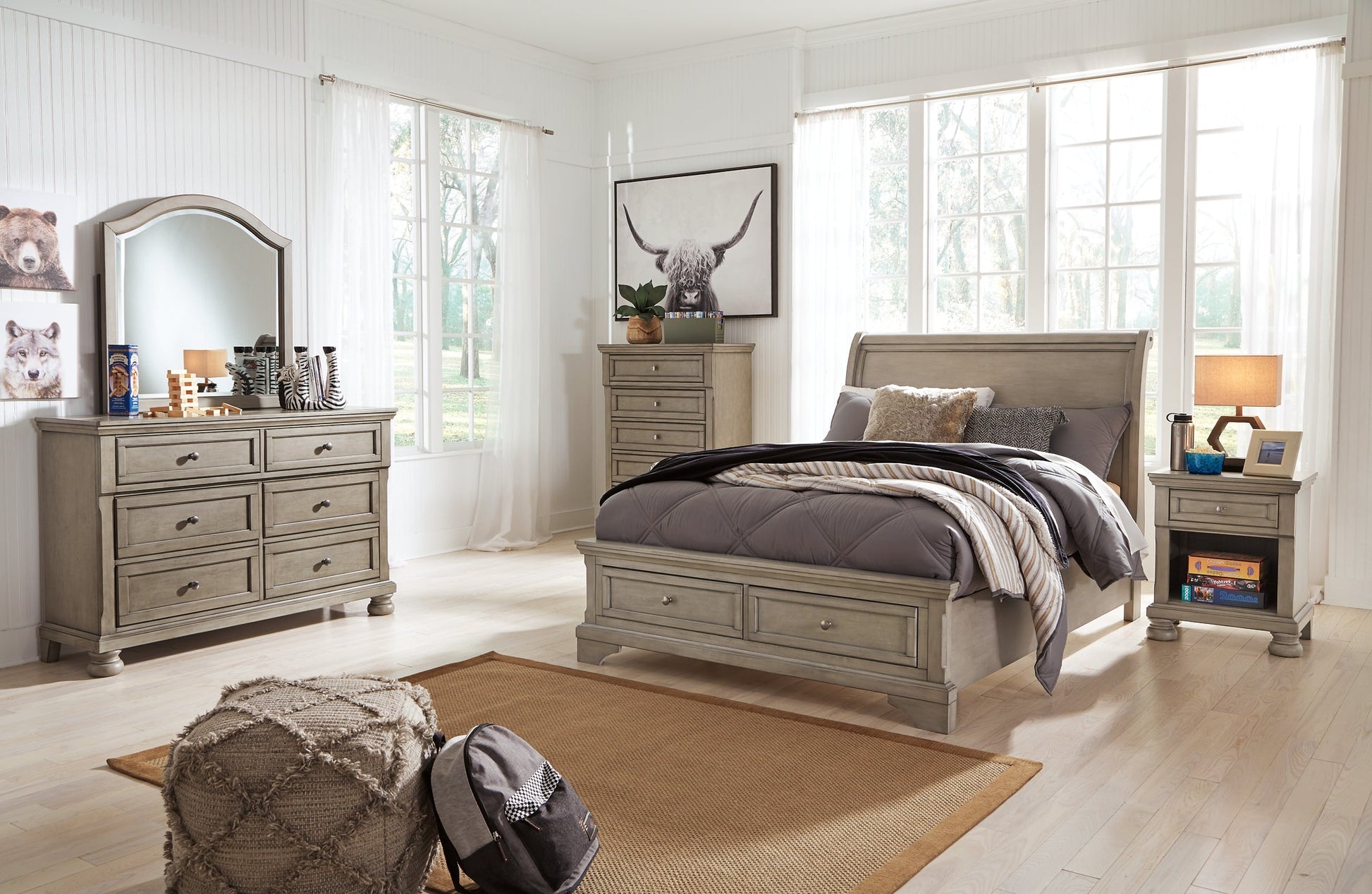 Lettner Full Sleigh Bed with Mirrored Dresser, Chest and 2 Nightstands Rent Wise Rent To Own Jacksonville, Florida