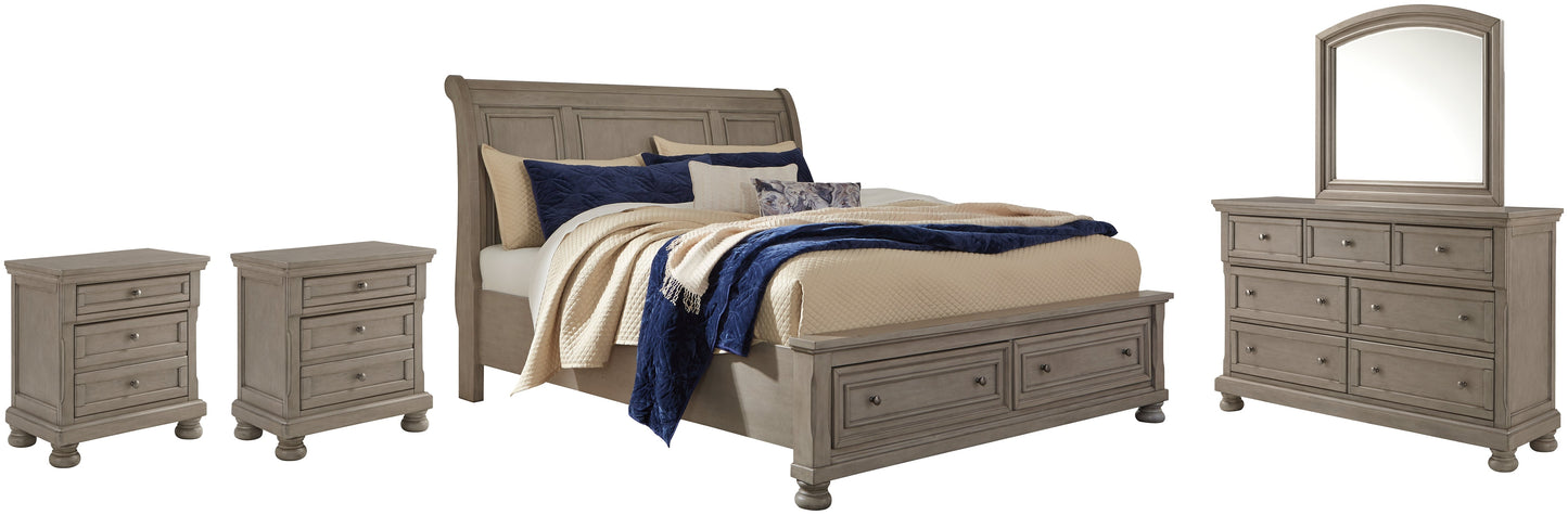 Lettner King Sleigh Bed with 2 Storage Drawers with Mirrored Dresser and 2 Nightstands Rent Wise Rent To Own Jacksonville, Florida