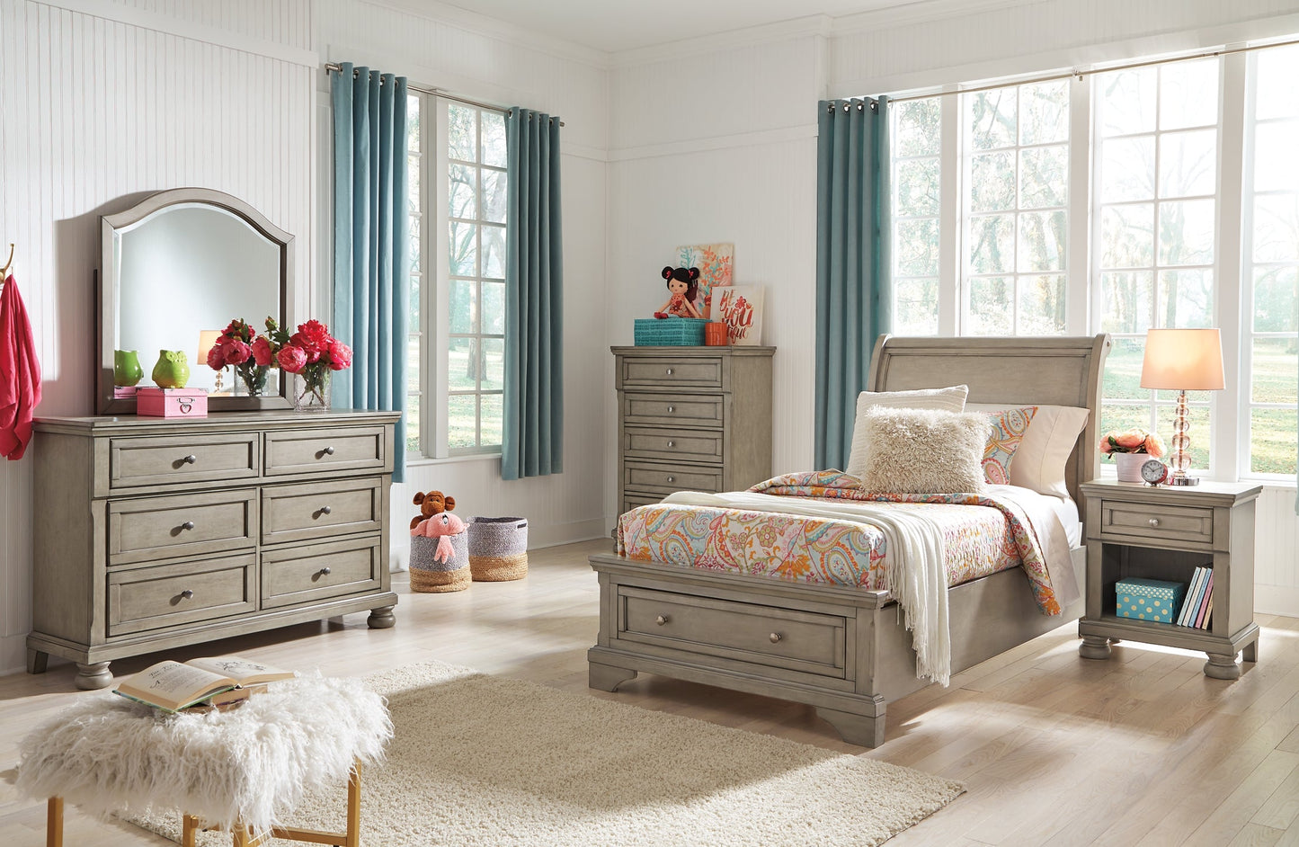 Lettner Twin Sleigh Bed with Mirrored Dresser, Chest and 2 Nightstands Rent Wise Rent To Own Jacksonville, Florida