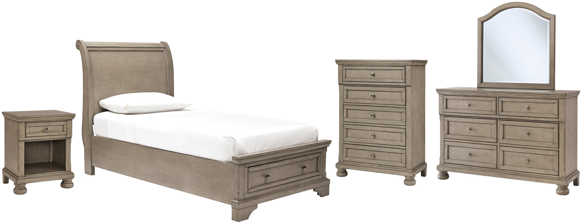 Lettner Twin Sleigh Bed with Mirrored Dresser, Chest and Nightstand Rent Wise Rent To Own Jacksonville, Florida