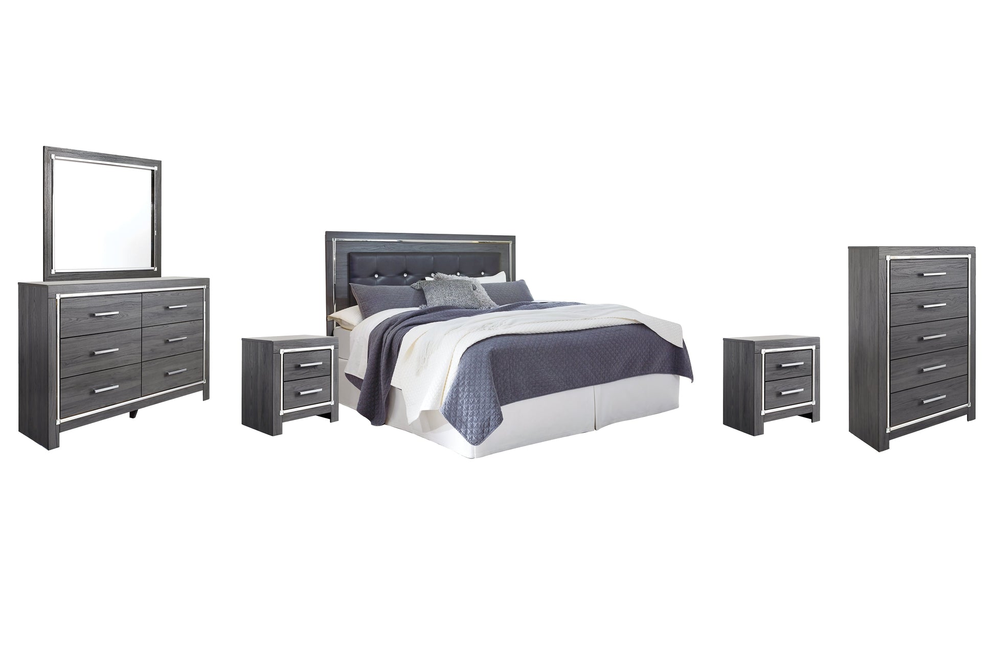 Lodanna King/California King Upholstered Panel Headboard with Mirrored Dresser, Chest and 2 Nightstands Rent Wise Rent To Own Jacksonville, Florida