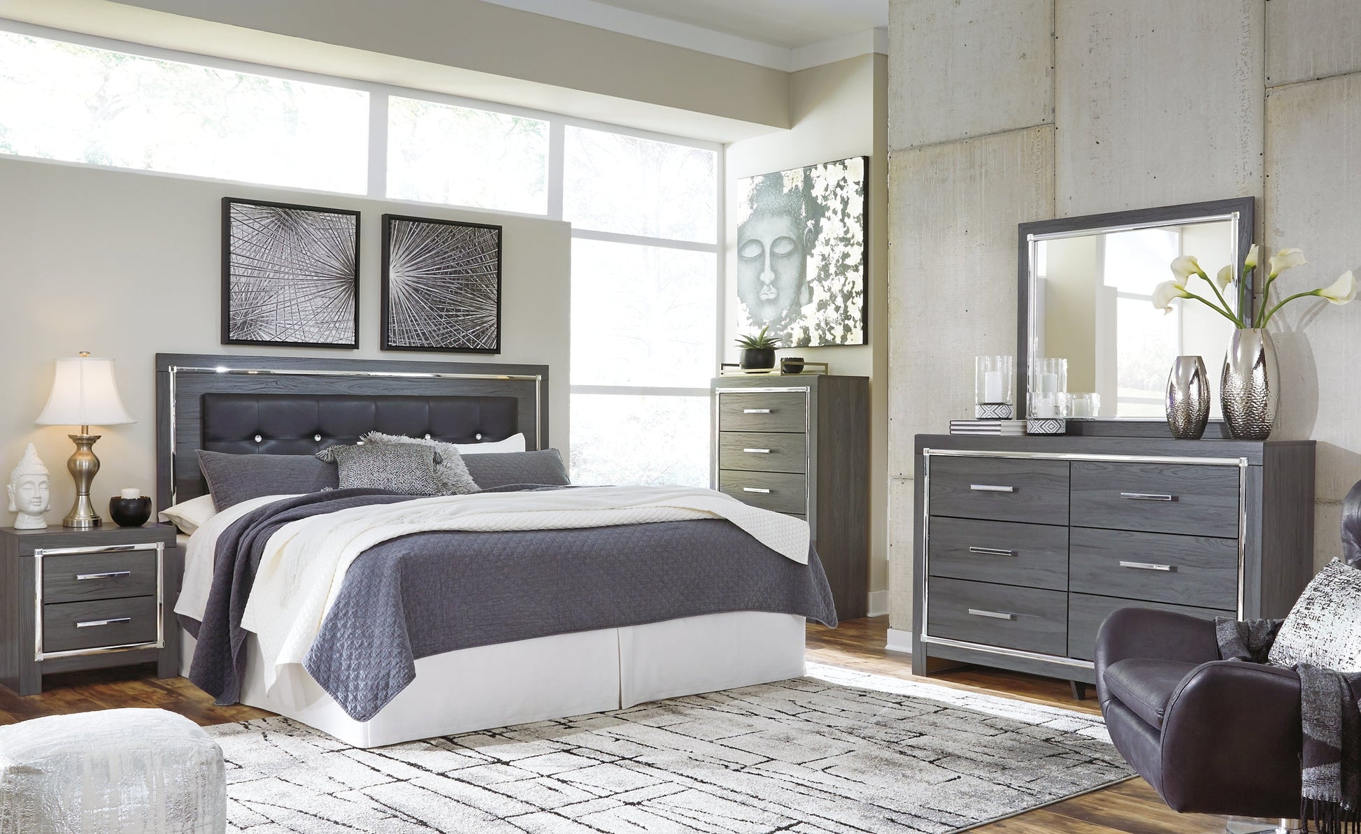 Lodanna King/California King Upholstered Panel Headboard with Mirrored Dresser, Chest and Nightstand Rent Wise Rent To Own Jacksonville, Florida