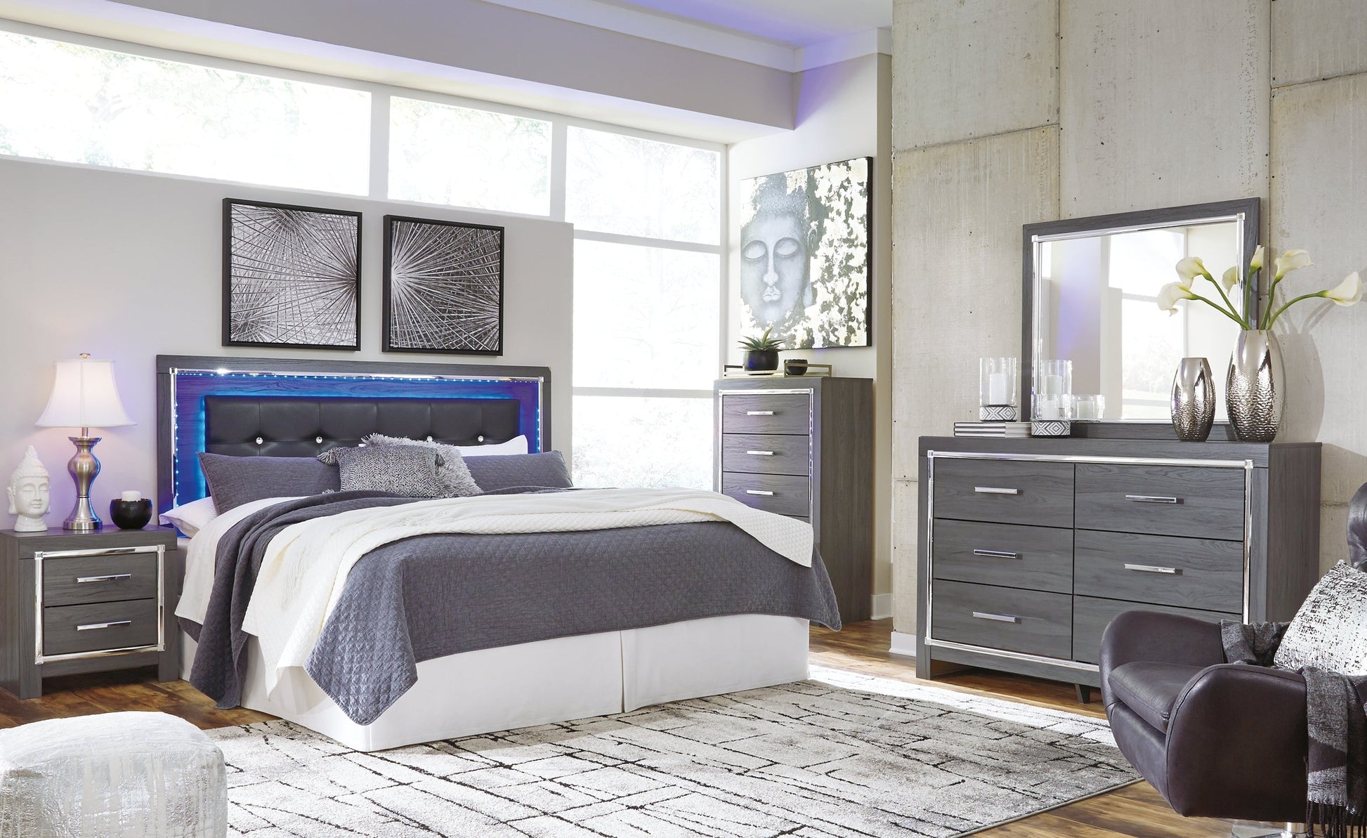 Lodanna King/California King Upholstered Panel Headboard with Mirrored Dresser and 2 Nightstands Rent Wise Rent To Own Jacksonville, Florida