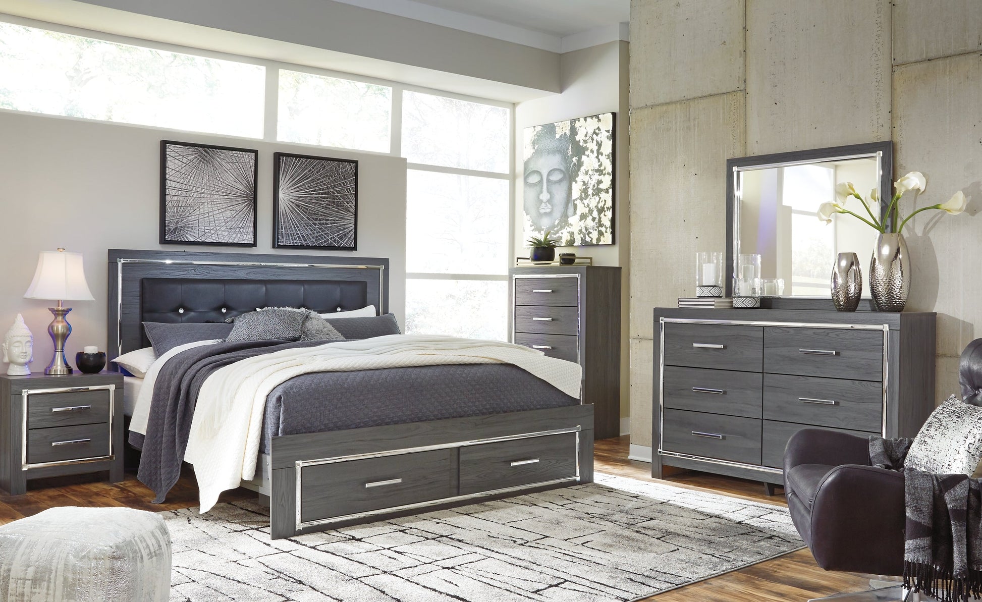 Lodanna King Panel Bed with 2 Storage Drawers with Mirrored Dresser, Chest and 2 Nightstands Rent Wise Rent To Own Jacksonville, Florida