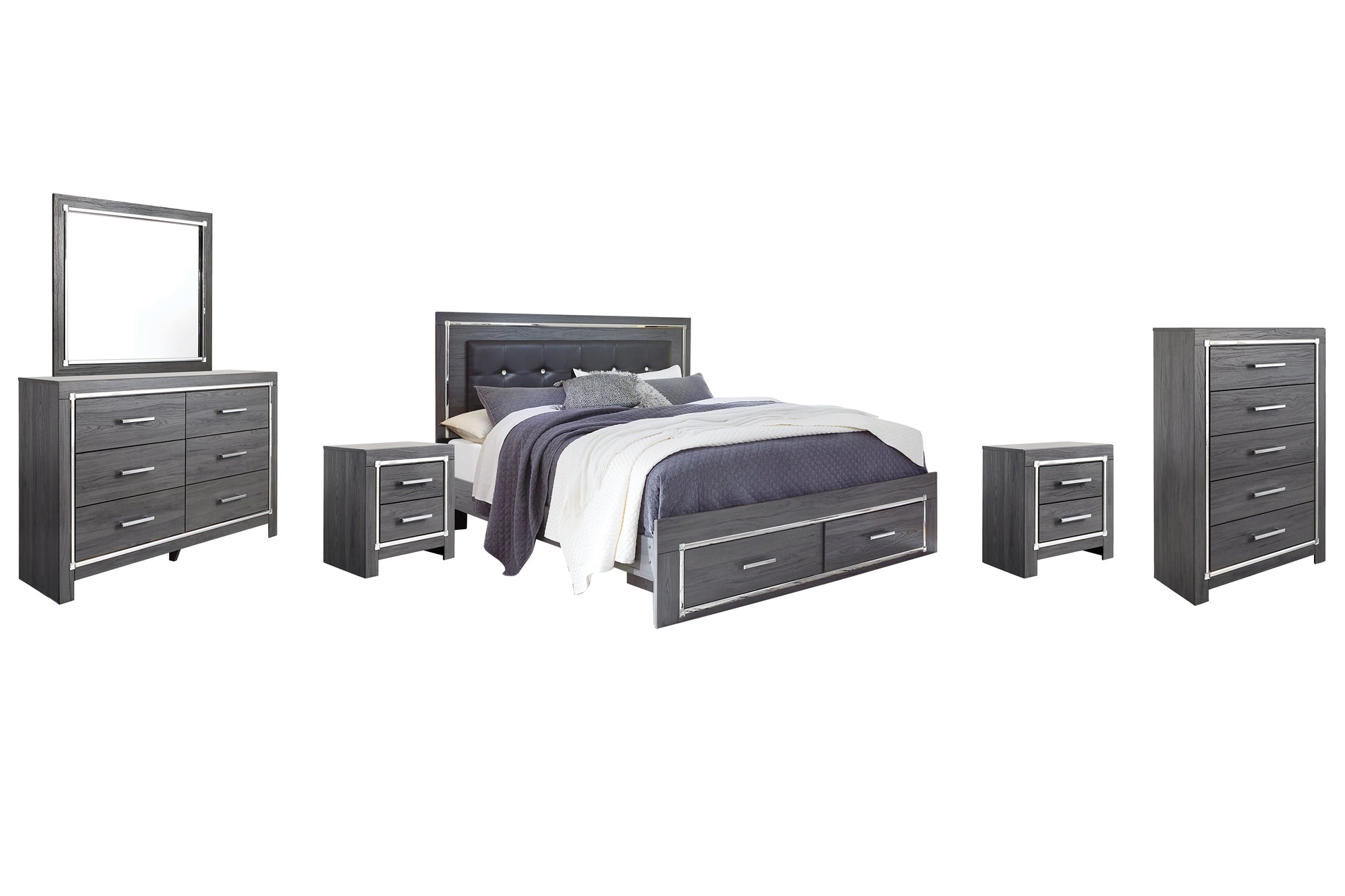 Lodanna King Panel Bed with 2 Storage Drawers with Mirrored Dresser, Chest and 2 Nightstands Rent Wise Rent To Own Jacksonville, Florida
