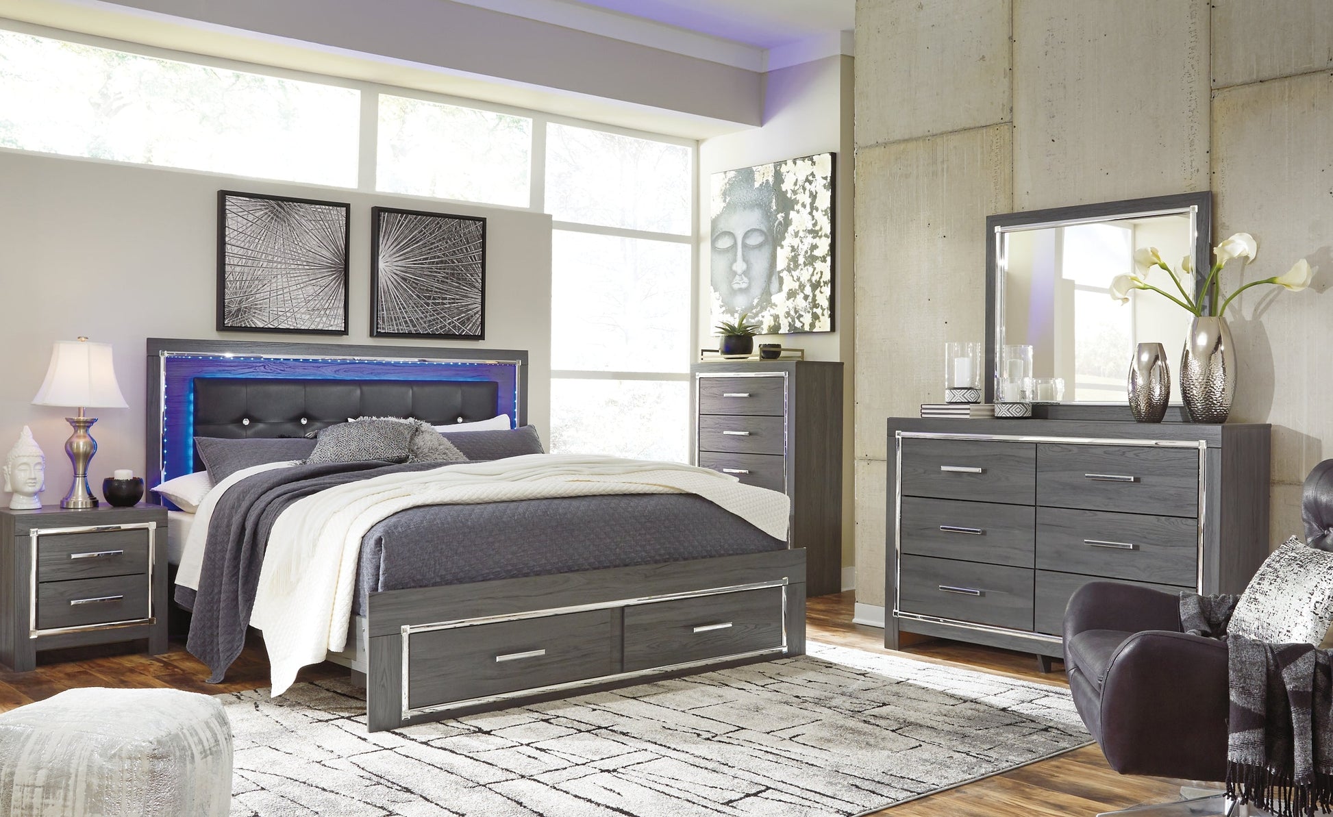 Lodanna King Panel Bed with 2 Storage Drawers with Mirrored Dresser, Chest and Nightstand Rent Wise Rent To Own Jacksonville, Florida