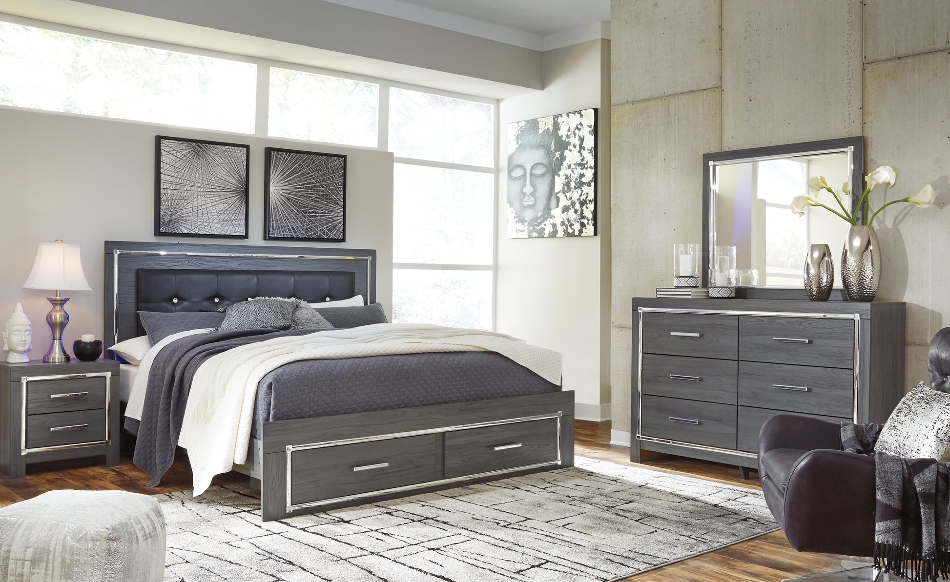 Lodanna King Panel Bed with 2 Storage Drawers with Mirrored Dresser Rent Wise Rent To Own Jacksonville, Florida
