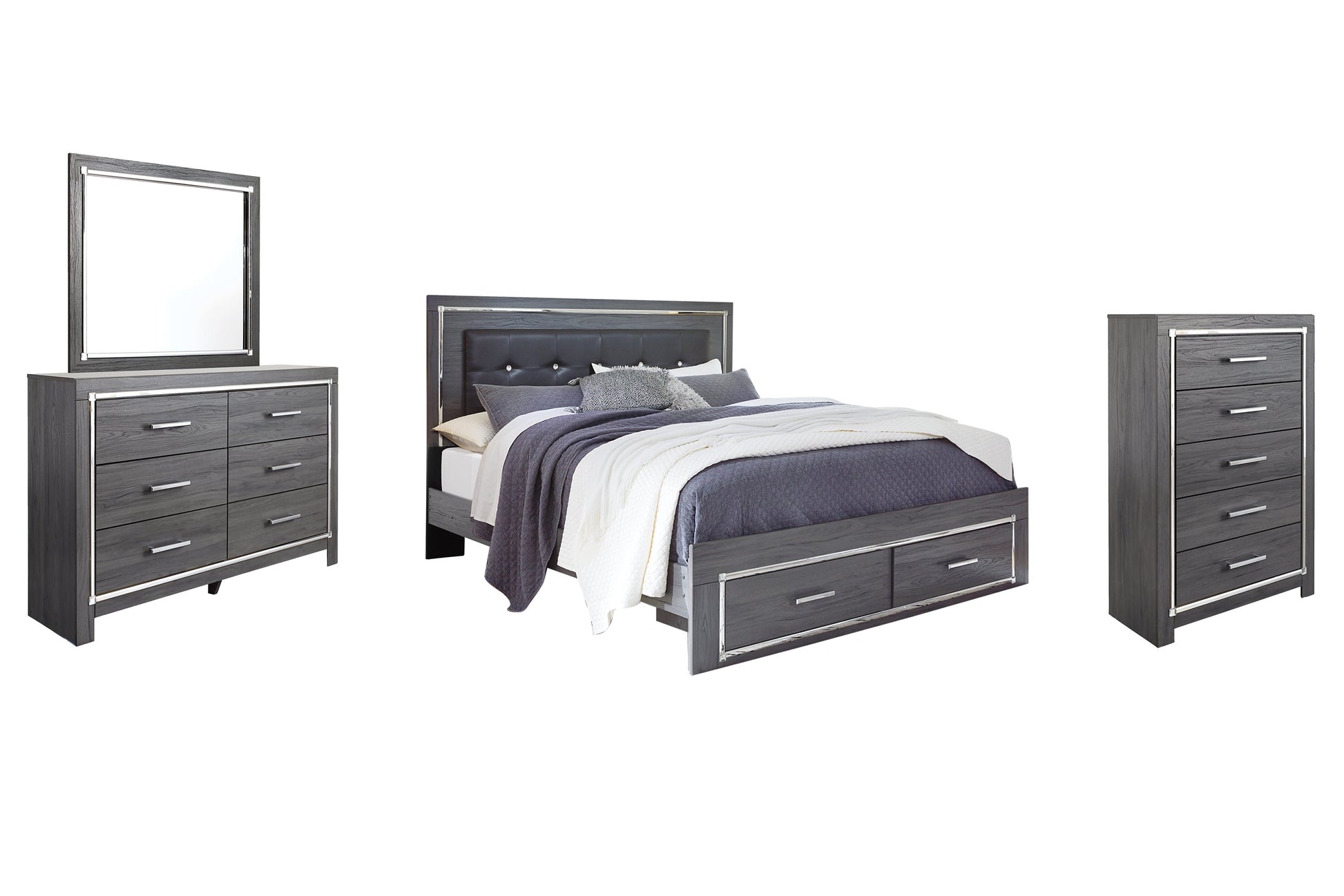 Lodanna King Panel Bed with 2 Storage Drawers with Mirrored Dresser and Chest Rent Wise Rent To Own Jacksonville, Florida