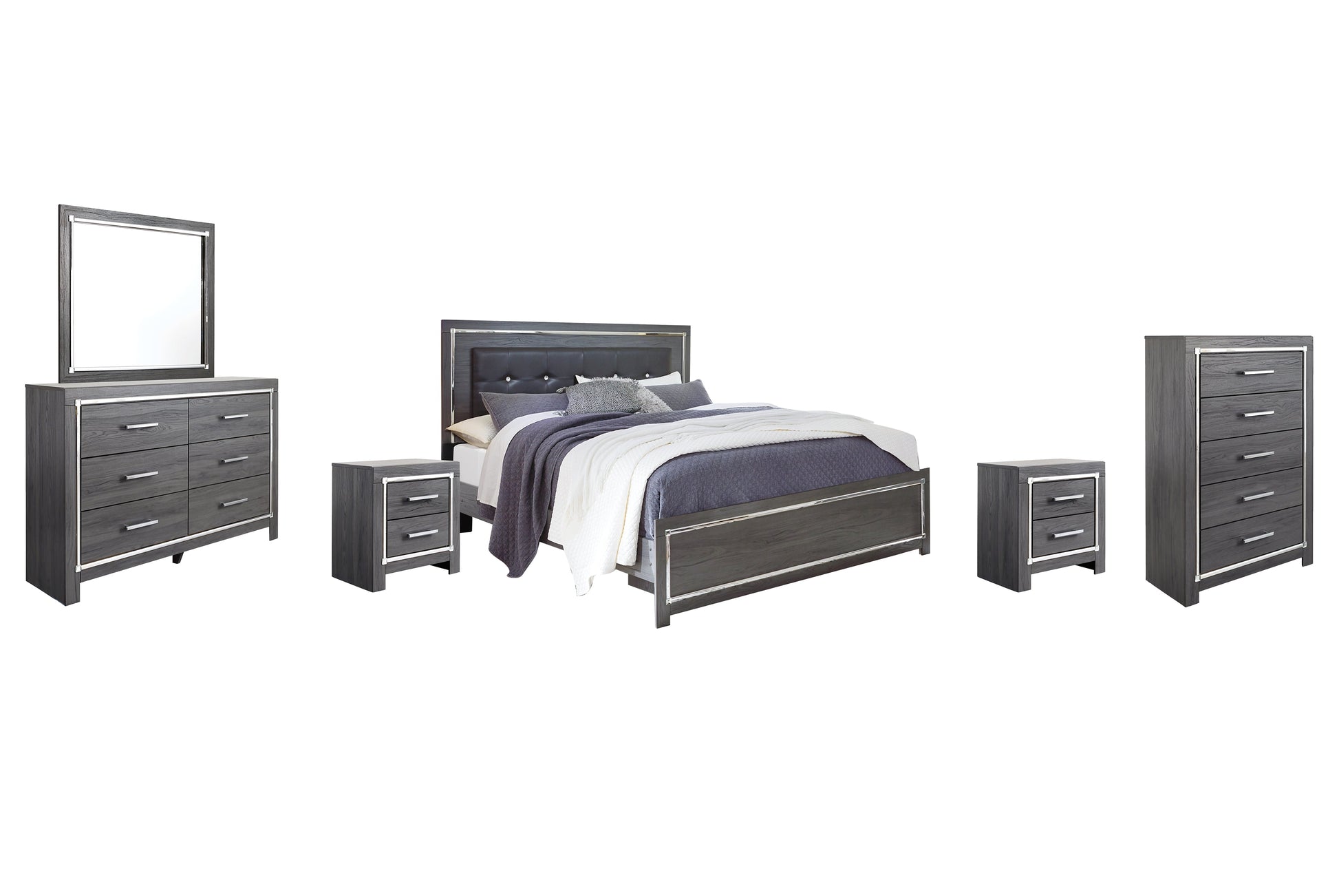 Lodanna King Panel Bed with Mirrored Dresser, Chest and Nightstand Rent Wise Rent To Own Jacksonville, Florida