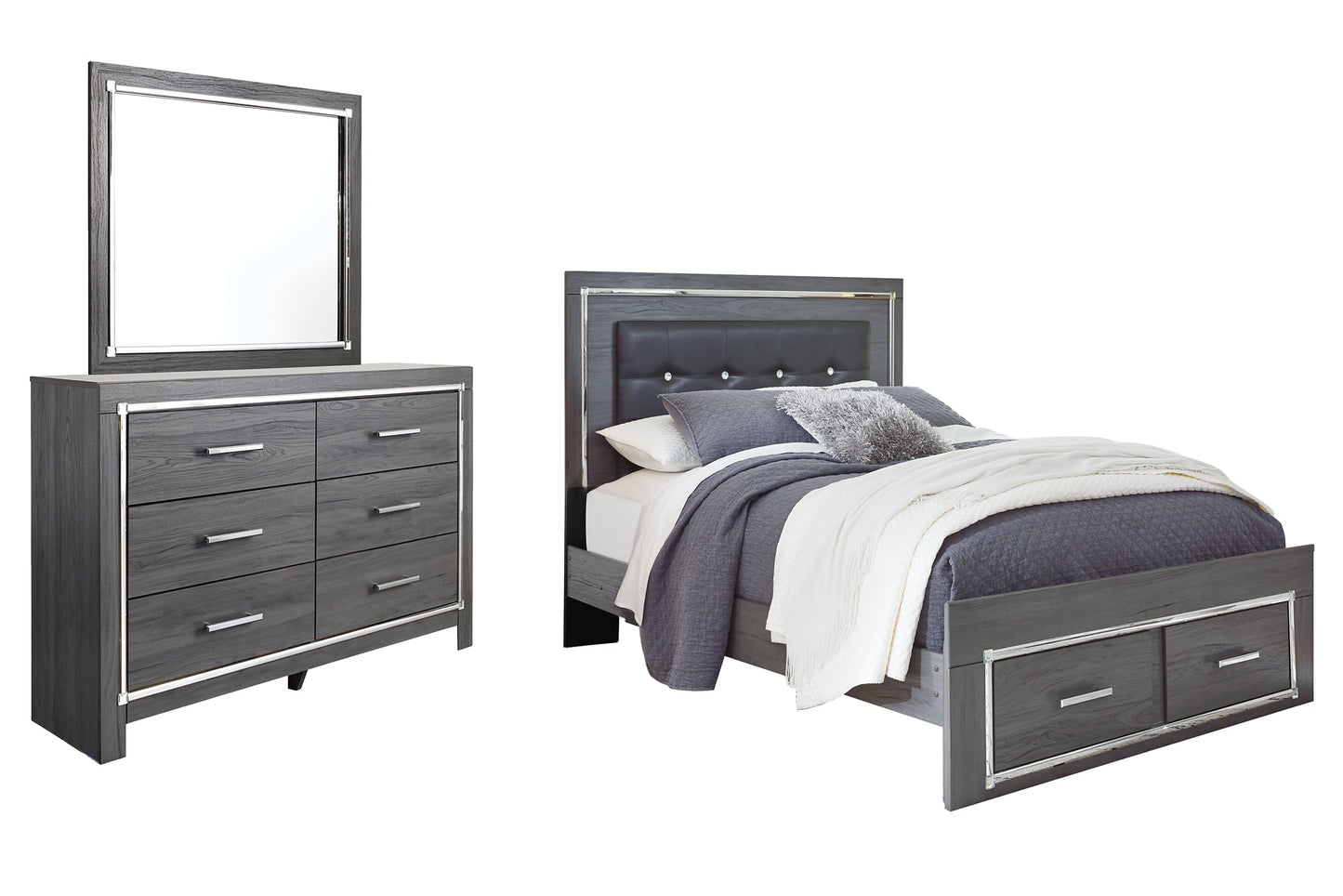 Lodanna Queen Panel Bed with 2 Storage Drawers with Mirrored Dresser Rent Wise Rent To Own Jacksonville, Florida