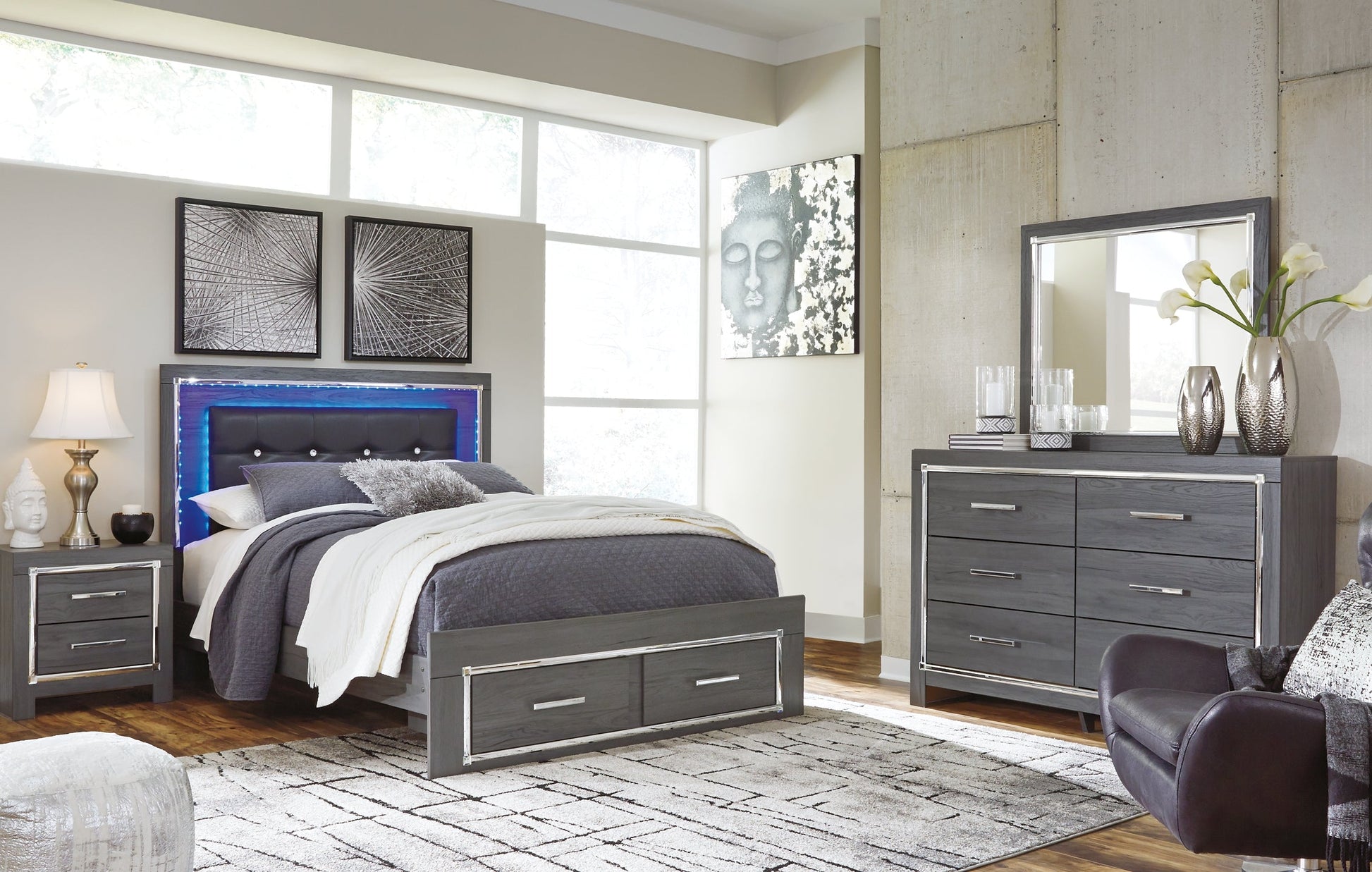 Lodanna Queen Panel Bed with 2 Storage Drawers with Mirrored Dresser Rent Wise Rent To Own Jacksonville, Florida