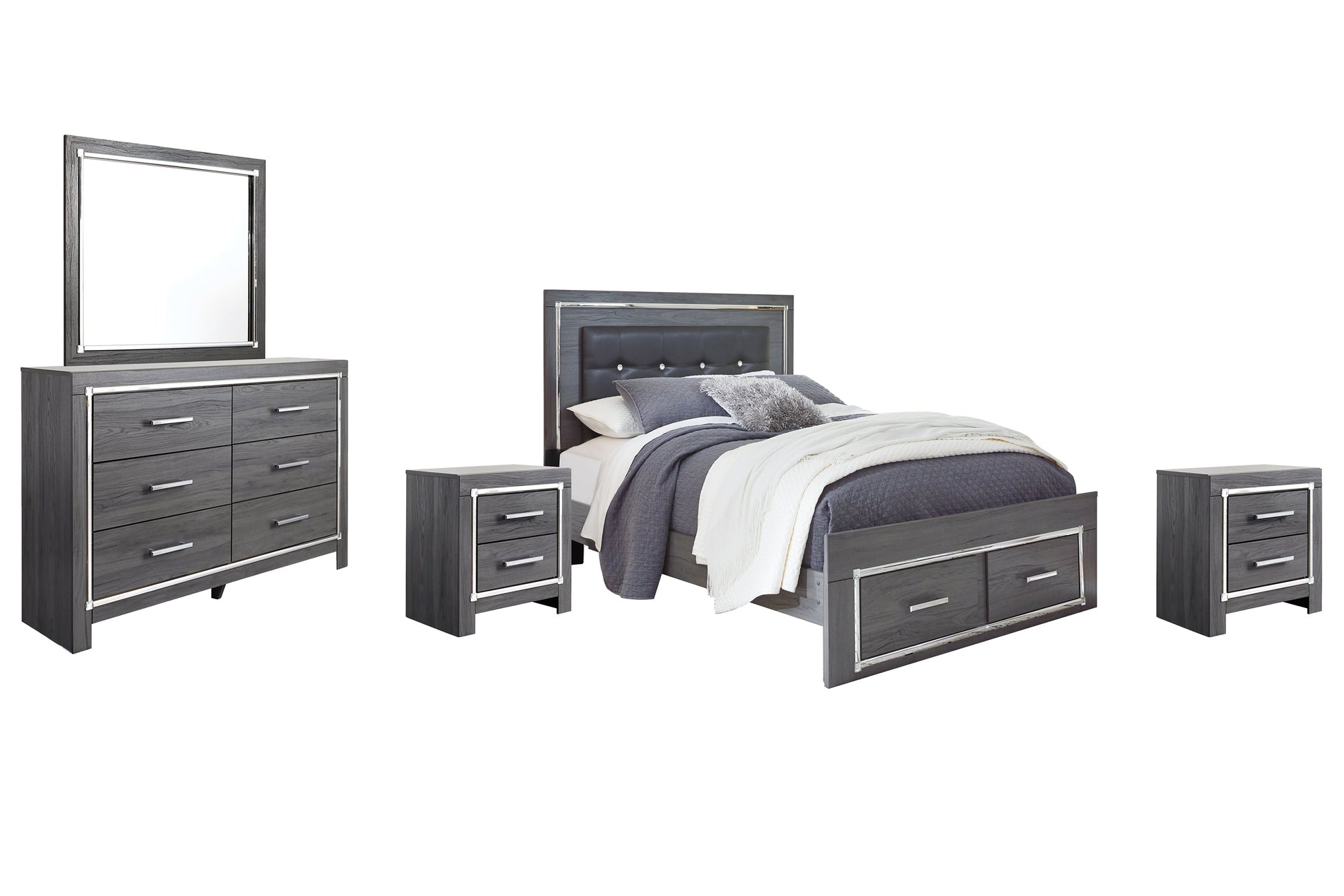 Lodanna Queen Panel Bed with 2 Storage Drawers with Mirrored Dresser and 2 Nightstands Rent Wise Rent To Own Jacksonville, Florida
