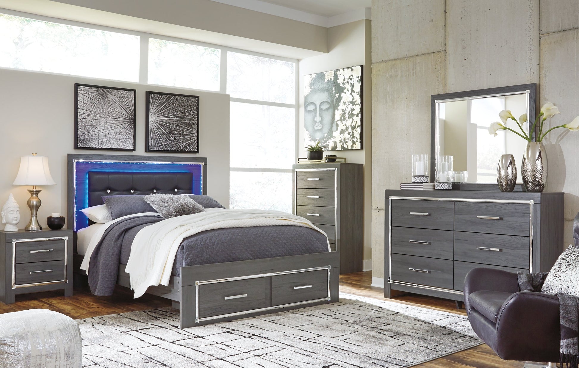 Lodanna Queen Panel Bed with 2 Storage Drawers with Mirrored Dresser and 2 Nightstands Rent Wise Rent To Own Jacksonville, Florida