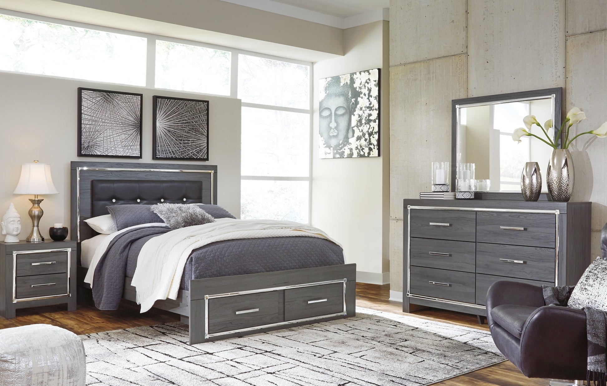 Lodanna Queen Panel Bed with 2 Storage Drawers with Mirrored Dresser and Chest Rent Wise Rent To Own Jacksonville, Florida
