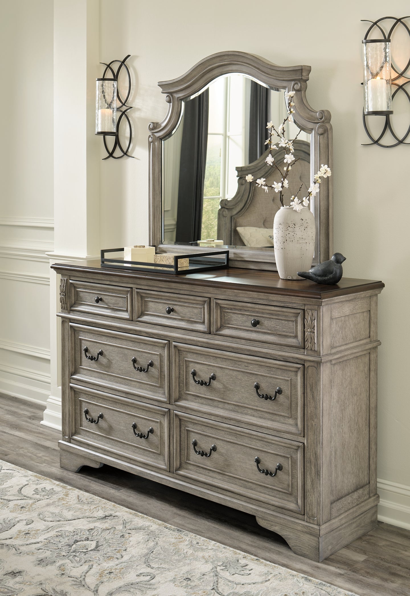 Lodenbay California King Panel Bed with Mirrored Dresser and Chest Rent Wise Rent To Own Jacksonville, Florida
