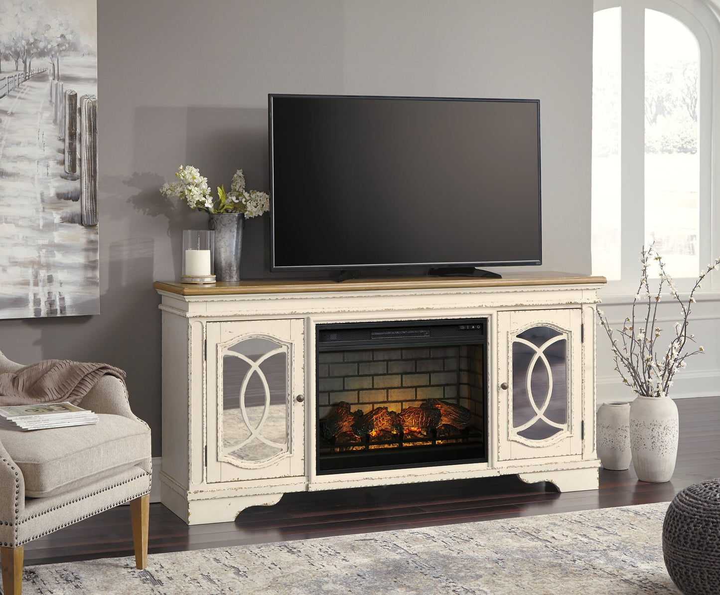 Realyn 74" TV Stand with Electric Fireplace Rent Wise Rent To Own Jacksonville, Florida