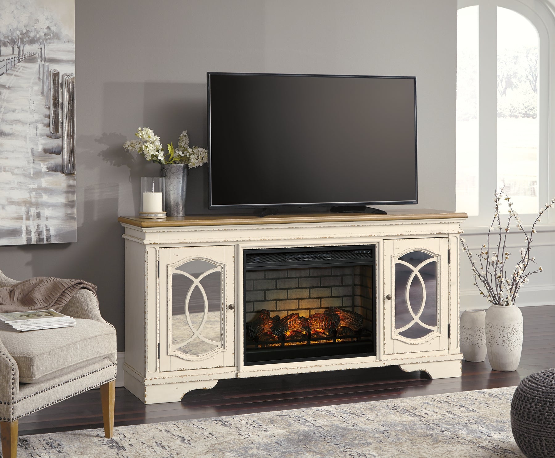 Realyn 74" TV Stand with Electric Fireplace Rent Wise Rent To Own Jacksonville, Florida