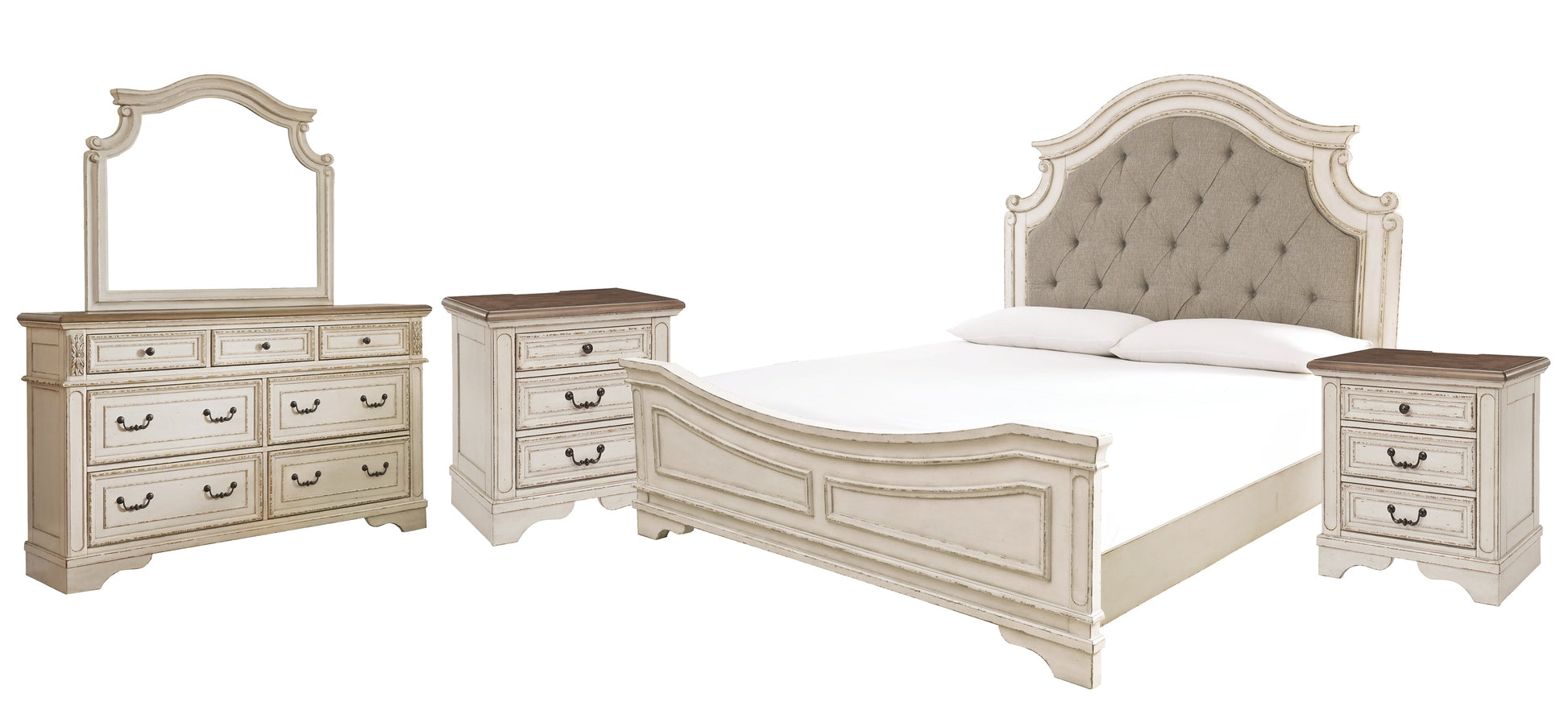 Realyn California King Upholstered Panel Bed with Mirrored Dresser and 2 Nightstands Rent Wise Rent To Own Jacksonville, Florida