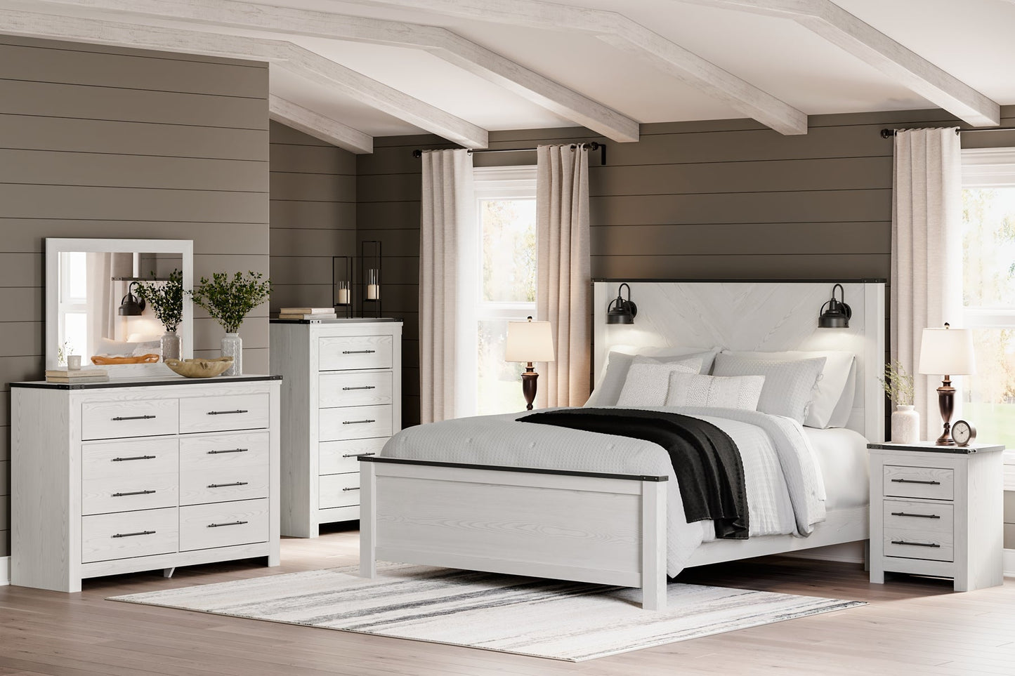 Schoenberg King Panel Bed with Mirrored Dresser, Chest and 2 Nightstands Rent Wise Rent To Own Jacksonville, Florida