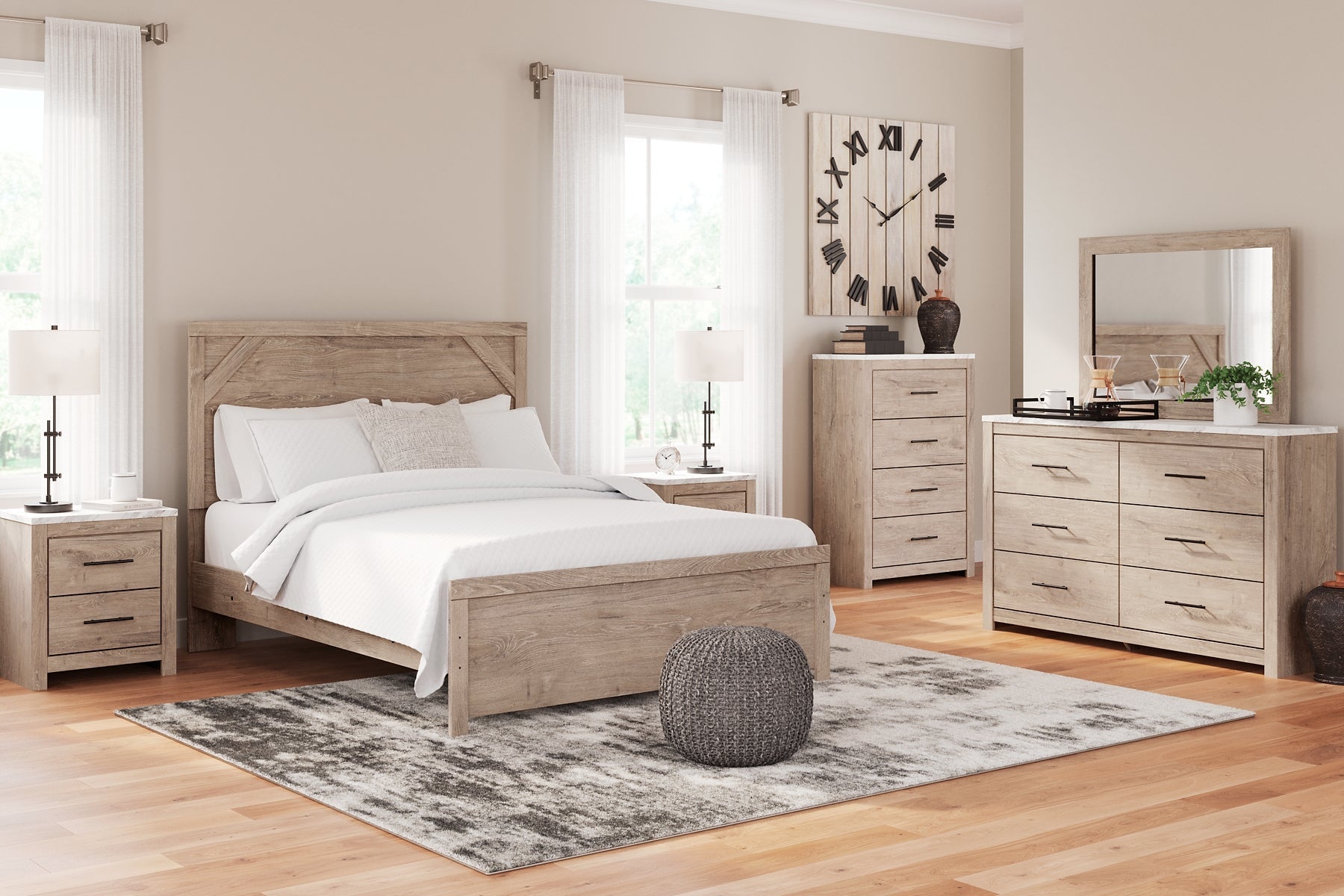 Senniberg Queen Panel Bed with Mirrored Dresser, Chest and Nightstand Rent Wise Rent To Own Jacksonville, Florida