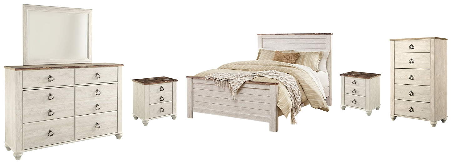 Willowton Queen Panel Bed with Mirrored Dresser, Chest and 2 Nightstands Rent Wise Rent To Own Jacksonville, Florida