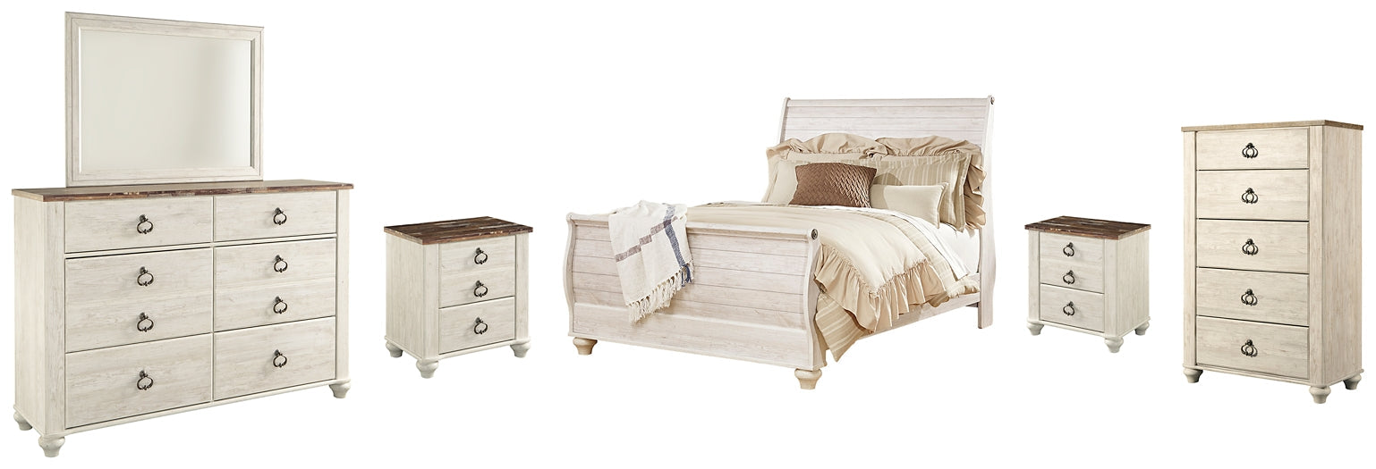 Willowton Queen Sleigh Bed with Mirrored Dresser, Chest and 2 Nightstands Rent Wise Rent To Own Jacksonville, Florida