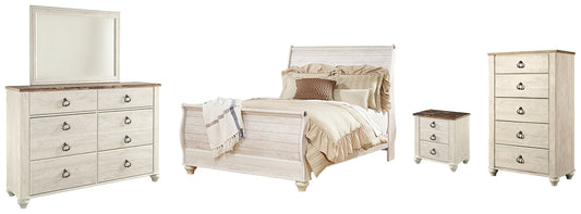 Willowton Queen Sleigh Bed with Mirrored Dresser, Chest and Nightstand Rent Wise Rent To Own Jacksonville, Florida