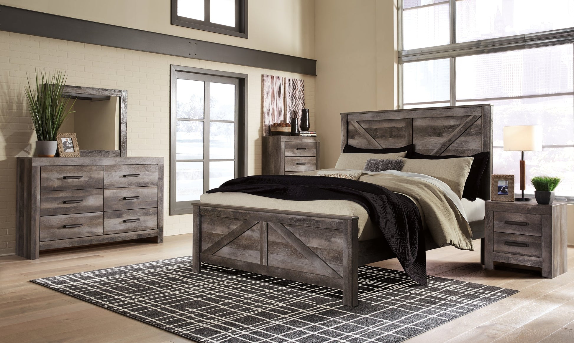 Wynnlow King Crossbuck Panel Bed with Mirrored Dresser, Chest and 2 Nightstands Rent Wise Rent To Own Jacksonville, Florida