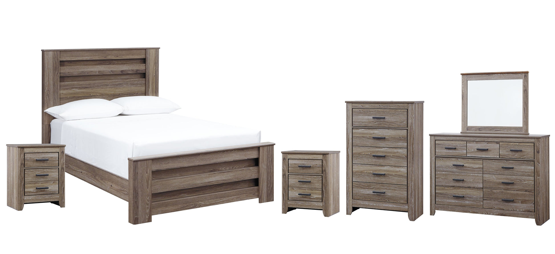 Zelen Full Panel Bed with Mirrored Dresser, Chest and 2 Nightstands Rent Wise Rent To Own Jacksonville, Florida