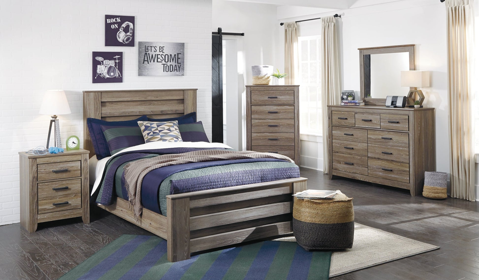 Zelen Full Panel Bed with Mirrored Dresser, Chest and 2 Nightstands Rent Wise Rent To Own Jacksonville, Florida